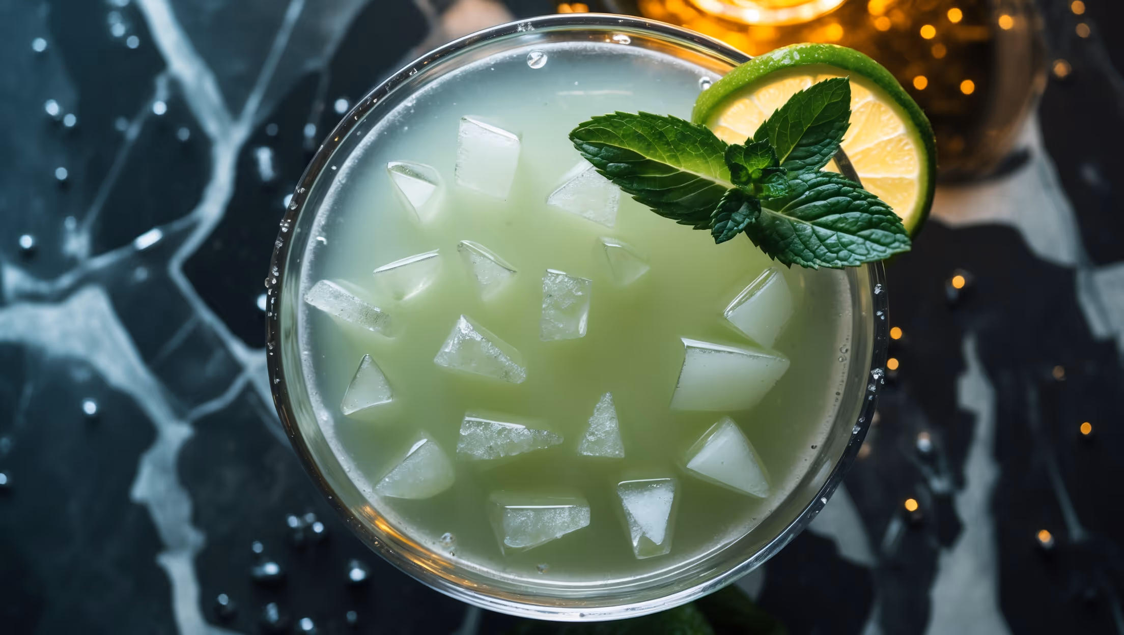 Overhead shot of a crystal-clear coupe glass filled with a pale mint-green Southside cocktail, set against a dark marble bar top. Golden backlighting illuminates the perfectly chilled cocktail, highlighting tiny ice shards floating on its surface. A lush, fresh mint sprig garnish creates a striking contrast against the delicate liquid, its oils glistening from being freshly slapped. Beads of condensation form on the outside of the glass, suggesting the cocktail's refreshing chill, while a subtle lime wheel rests on the rim, adding a splash of vibrant green.