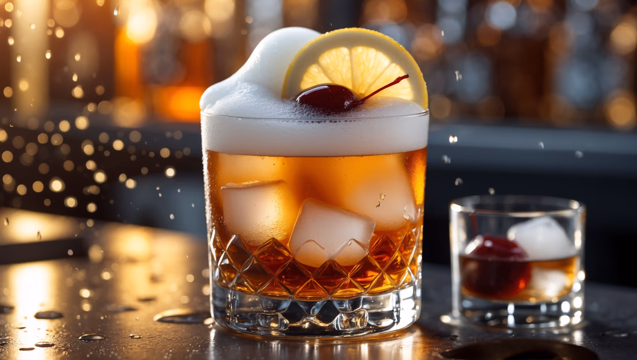 A crystal rocks glass capturing golden hour light, showcasing a rich amber whiskey sour with a perfect white egg foam cap creating textural contrast. Droplets of condensation cling to the glass exterior, suggesting refreshing coldness. A lemon wheel and brandied cherry rest artfully on the foam's surface, their vibrant colors popping against the drink's caramel tones. Ice cubes catch the light beneath the liquid, creating a dimensional glow. Background bar elements remain tastefully blurred, keeping focus on the perfectly balanced classic cocktail.