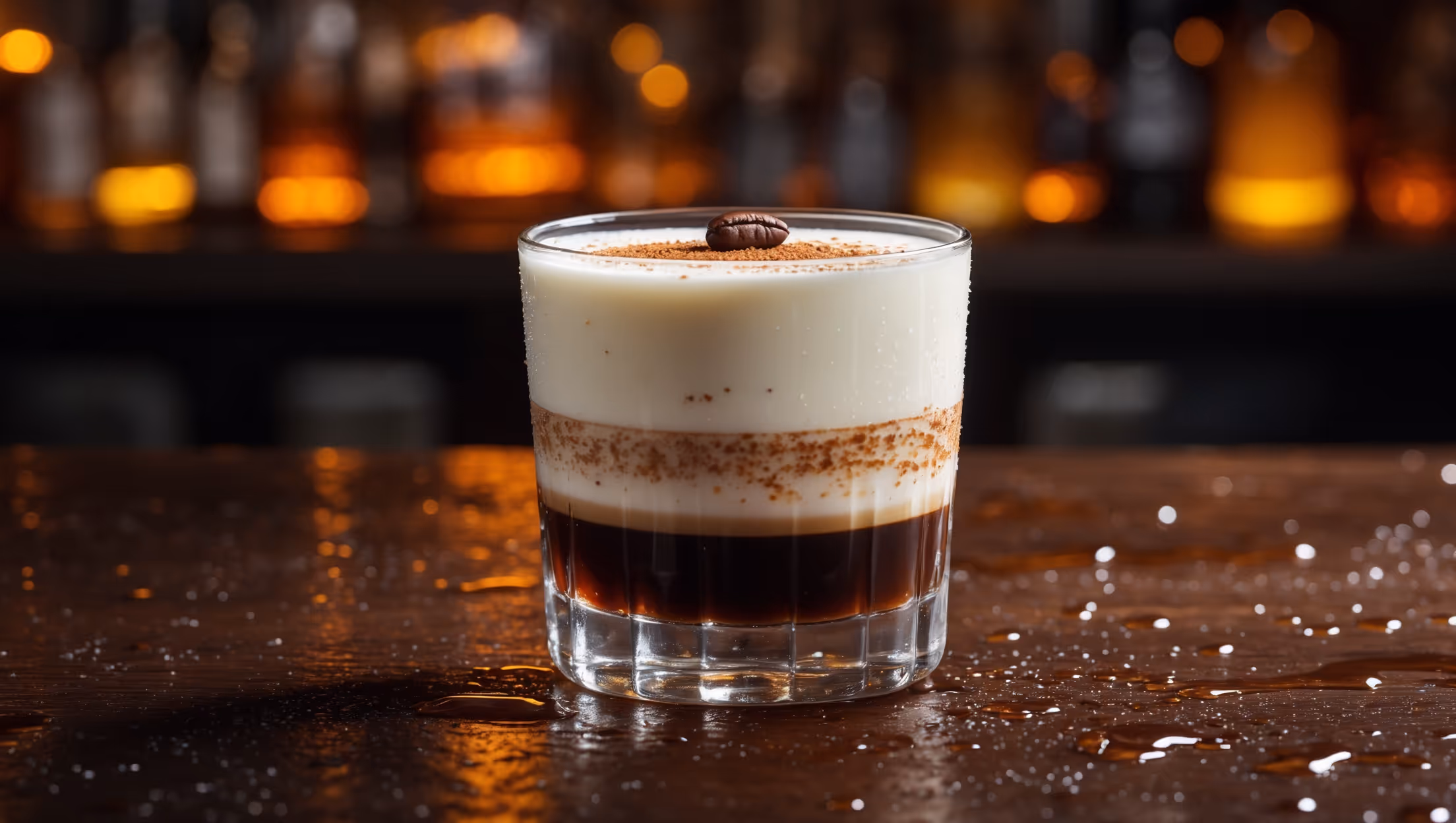 A short, heavy-bottomed rocks glass sits against a dark wooden bar top illuminated by warm, amber lighting. The Sombrero cocktail displays perfect layering - a deep, chocolate-brown base of Kahlúa transitioning into a cloud-like layer of pristine white cream that floats delicately on top. A fine dusting of freshly grated coffee beans creates a delicate pattern across the cream's surface, with a single coffee bean garnish resting at the center. The contrast between the dark liqueur and bright white cream is accentuated by droplets of condensation gathering on the glass, suggesting the perfect serving temperature.
