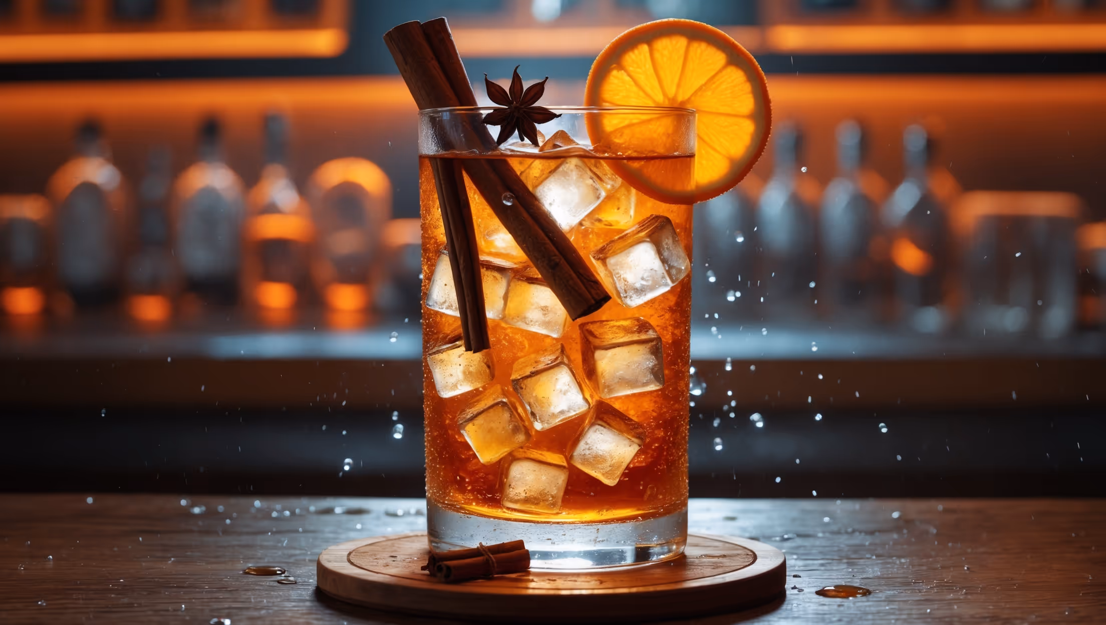 A tall highball glass filled with amber liquid and large, crystal-clear ice cubes, backlit by warm bar lighting that highlights the whiskey's golden hues. Cinnamon sticks and star anise peek out from the top, with a perfectly positioned orange slice garnish on the rim. Droplets of condensation form on the glass's exterior, suggesting refreshing coldness despite the cocktail's warming character. A wooden coaster sits underneath, complementing the rustic spices while conveying the drink's Indian-inspired heritage.