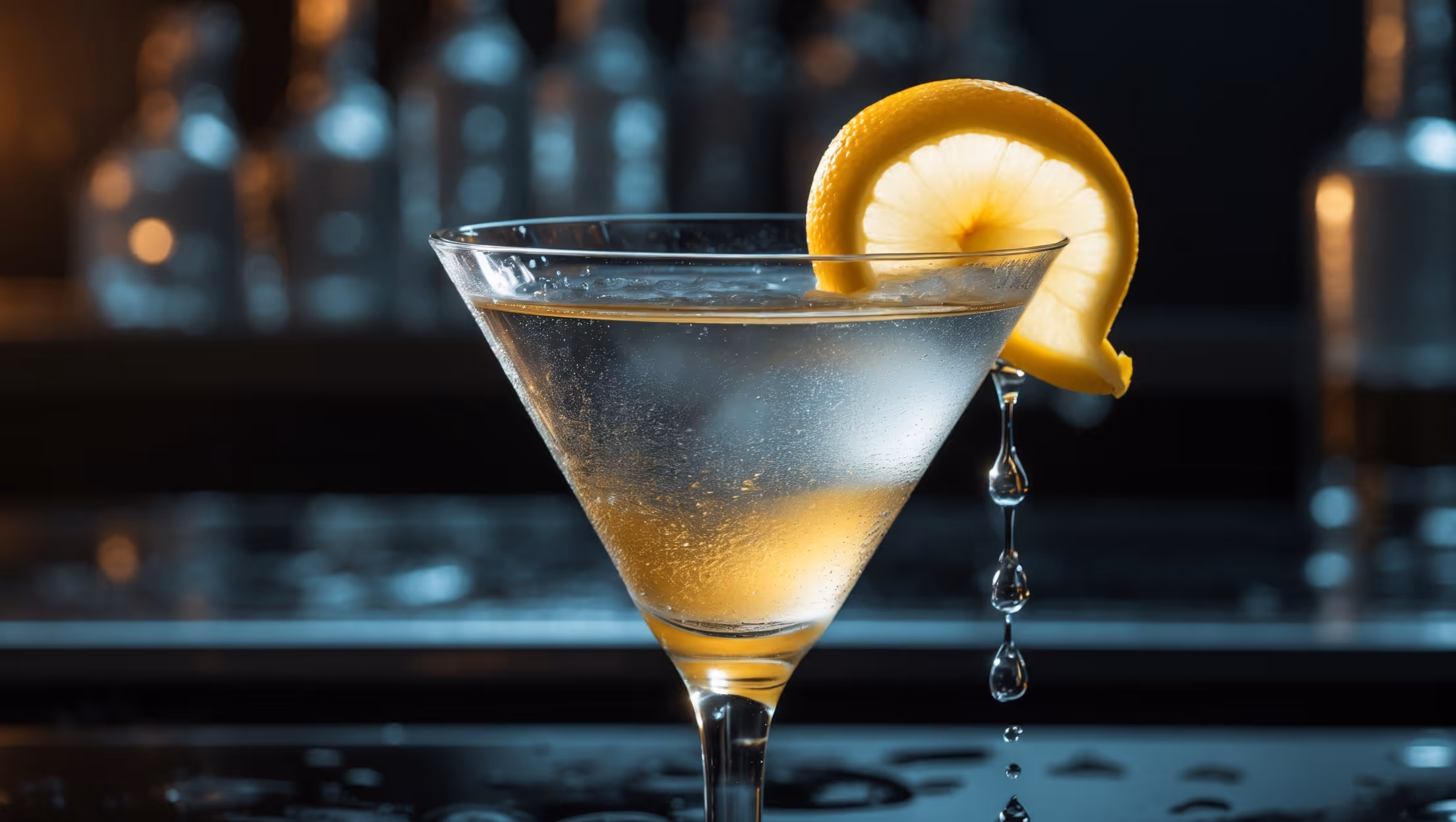 A crystal-clear Vesper Martini photographed in moody bar lighting with dramatic shadows accentuating its pristine clarity. The cocktail sits in a perfectly chilled vintage-style martini glass with condensation beading on the surface, highlighting its ice-cold temperature. A precisely cut lemon twist curls over the edge, releasing essential oils that glisten on the surface. The photograph captures the drink from a slight side angle, showcasing the beautiful reflections in the glass and the golden hue imparted by the Lillet Blanc, contrasting with the platinum-white of the spirit blend. Elegant droplets cascade down the stem, emphasizing the drink's properly chilled preparation.