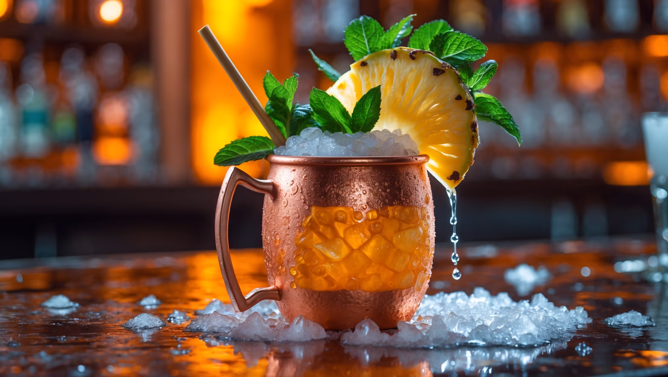 A frosty copper mug glistening with condensation under warm, amber bar lighting. The Tiki Mule's vibrant golden-amber liquid is topped with a frothy cap, garnished with an elaborate arrangement of fresh mint sprigs, a paper-thin pineapple slice, and a lime wheel resting on the rim. Crushed ice peeks through the liquid, creating a frost line on the copper. A bamboo straw stands tall amid the garnishes, while drops of moisture trail down the sides of the mug, catching light to create a visual sensation of tropical refreshment.