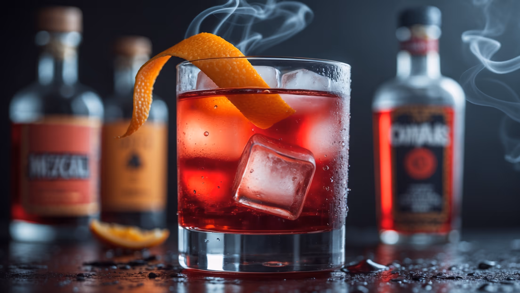 A rocks glass filled with a single large ice cube, containing a deep amber-red cocktail that catches the light with ruby highlights. The drink is garnished with an orange peel twisted over the surface, releasing essential oils that float visibly on the cocktail's surface. Shot from a low angle with warm, moody lighting that emphasizes the drink's rich color. The background features blurred mezcal and Campari bottles, suggesting the key ingredients. Droplets of condensation form on the glass, indicating the perfect serving temperature, while wisps of smoke hover above the glass, hinting at the mezcal's distinctive character.