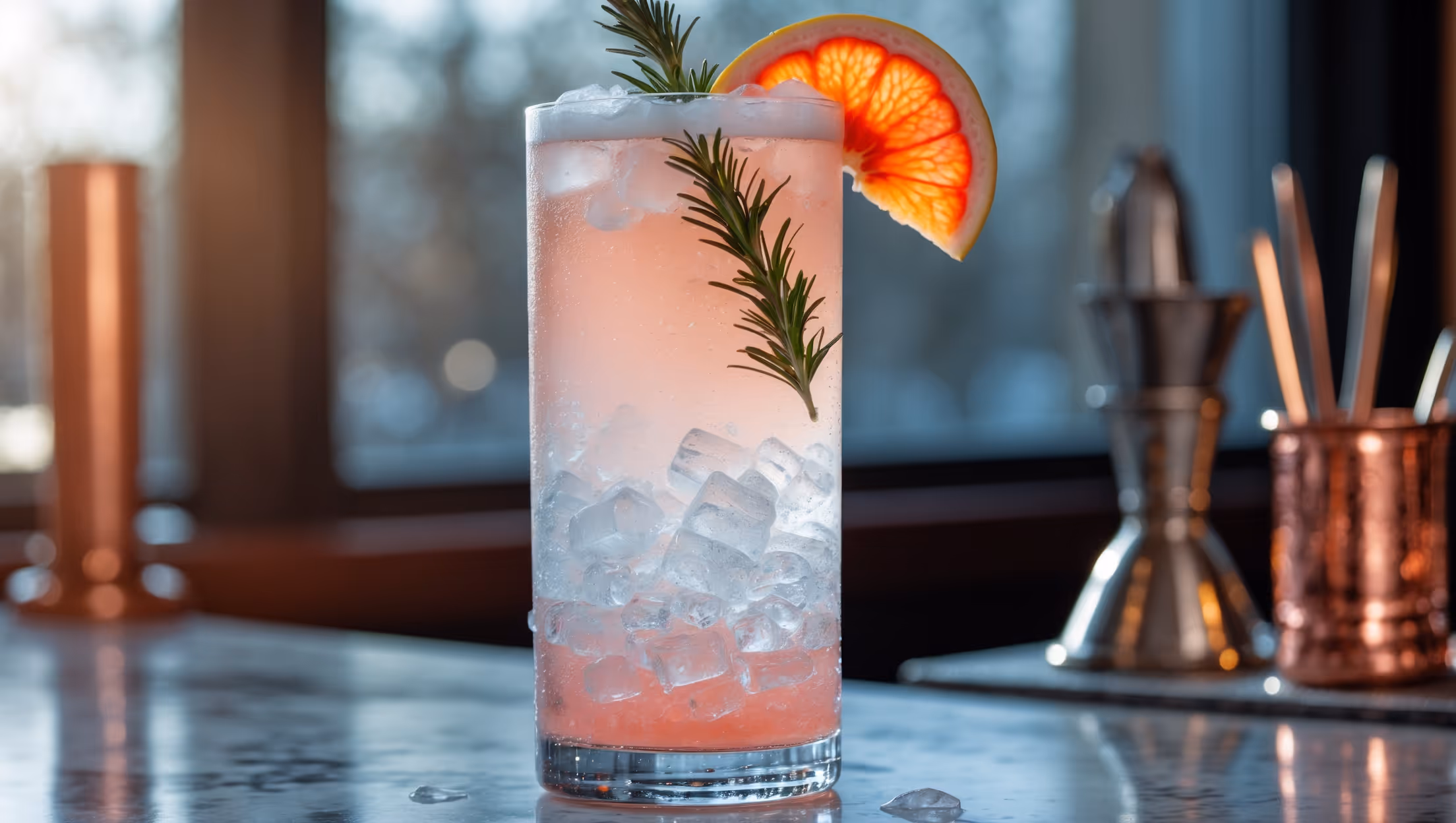 A tall, crystal-clear highball glass capturing the gradient sunset hues of the Rosemary Grapefruit Gin Fizz - pale pink at the bottom transitioning to clear at the top with a frothy white cap. Illuminated by natural window light that highlights the beads of condensation on the glass, while a sprig of fresh rosemary stands tall as a garnish alongside a perfectly cut grapefruit wedge perched on the rim. Ice cubes are visible through the glass, creating beautiful refraction patterns. The drink sits atop a marble bar counter with copper bar tools slightly blurred in the background, suggesting craftsmanship and attention to detail.