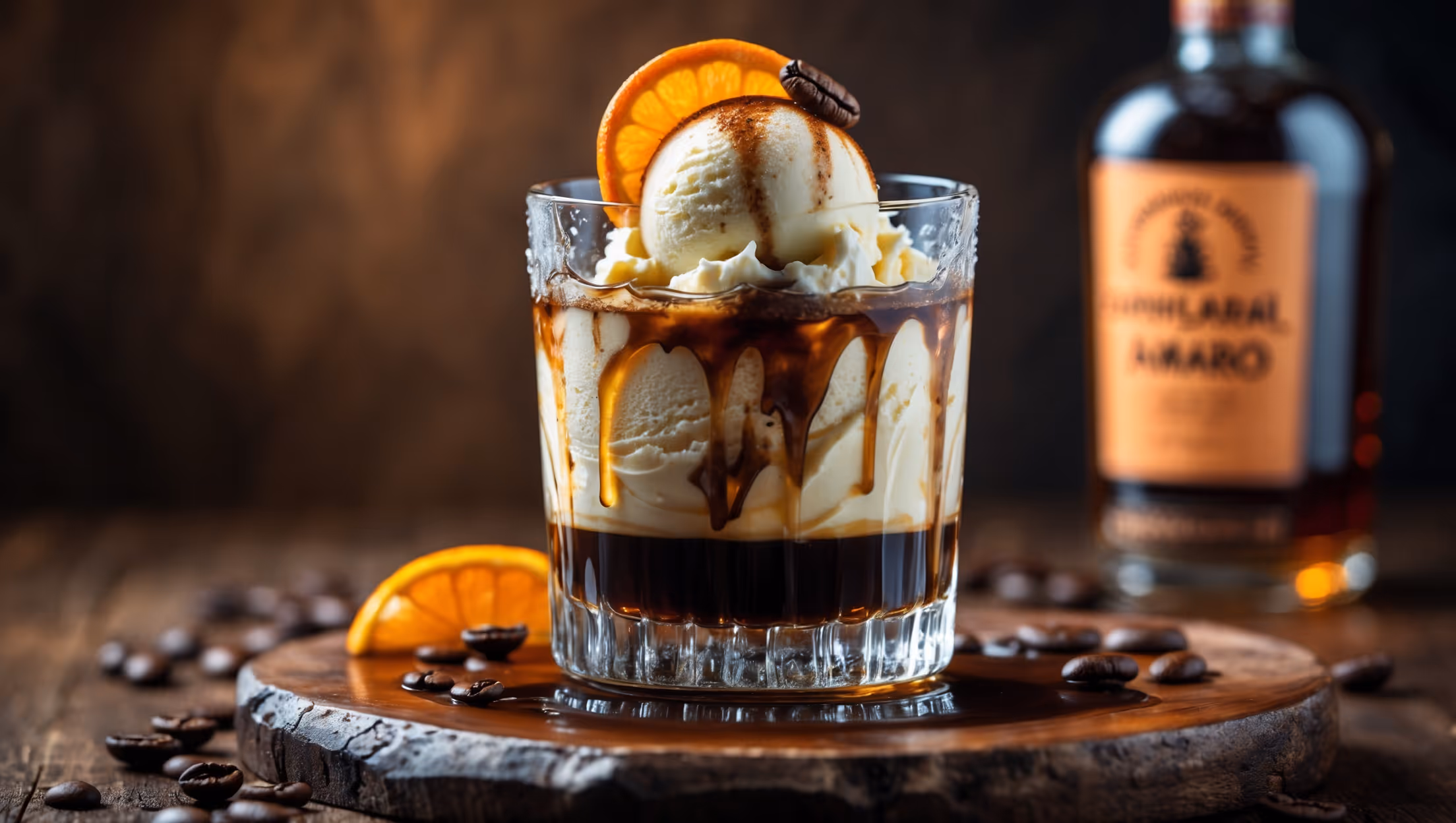 A crystal rocks glass showcases dramatic layers where dark espresso cascades over a generous scoop of vanilla bean ice cream, creating mesmerizing coffee-colored swirls. The glass sits on a rustic wooden board against a moody background with warm, low lighting that emphasizes the drink's rich amber-brown tones. Condensation forms on the exterior while a delicate orange twist and coffee bean garnish rest artistically on top. A bottle of artisanal amaro stands blurred in the background, suggesting the cocktail's bittersweet foundation.