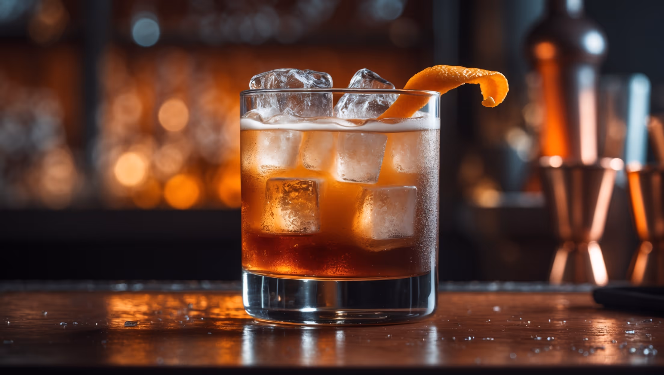 An elegant lowball glass featuring a deep amber-brown cocktail with a distinctive creamy nitrogen-infused head, captured from a 45-degree angle that highlights its silky texture. Crystal-clear ice cubes catch the warm, amber bar lighting, creating golden reflections through the drink. A twisted orange peel garnish rests on the glass rim, with tiny essential oil droplets visible on the drink's surface. Moody lighting creates dramatic shadows against a dark wooden bar top, while copper bar tools sit slightly blurred in the background, suggesting the craft that went into creating this nitro-infused twist on a classic.