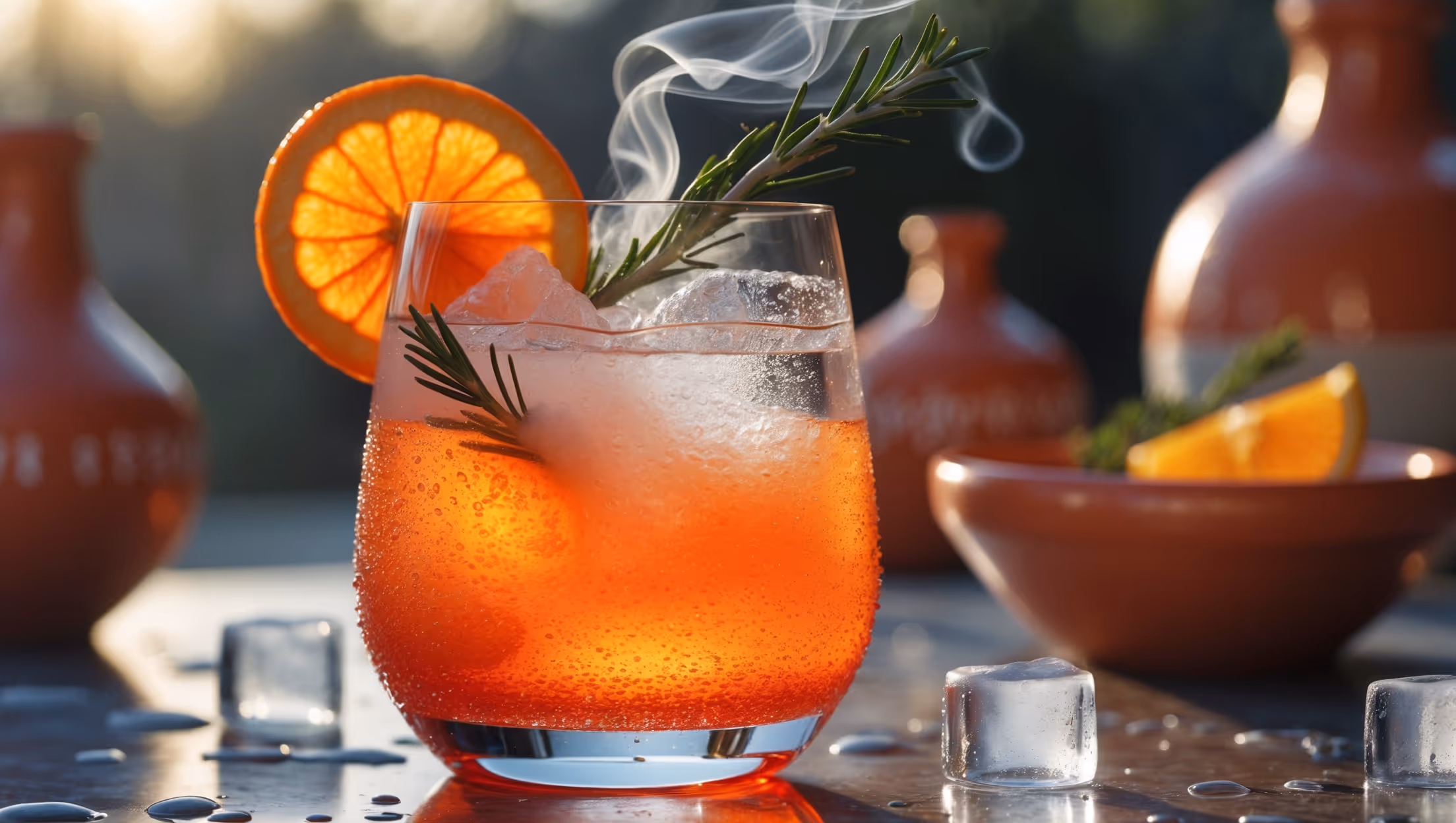 A crystal wine glass captures the vibrant coral-orange Aperol Mezcal Spritz against soft late-afternoon sunlight. The cocktail's striking layers show the prosecco's effervescence rising through the rich orange-hued base, with delicate smoke wisps hovering above. A perfectly-cut orange wheel rests on the rim, while a sprig of fresh rosemary stands tall, creating aromatic dimension. Droplets of condensation cling to the outside of the glass, suggesting refreshing coldness, while artisanal ice cubes create prismatic reflections. The backdrop features blurred terracotta pottery and Mediterranean-inspired tableware, enhancing the spritz's Italian heritage with a Mexican twist.