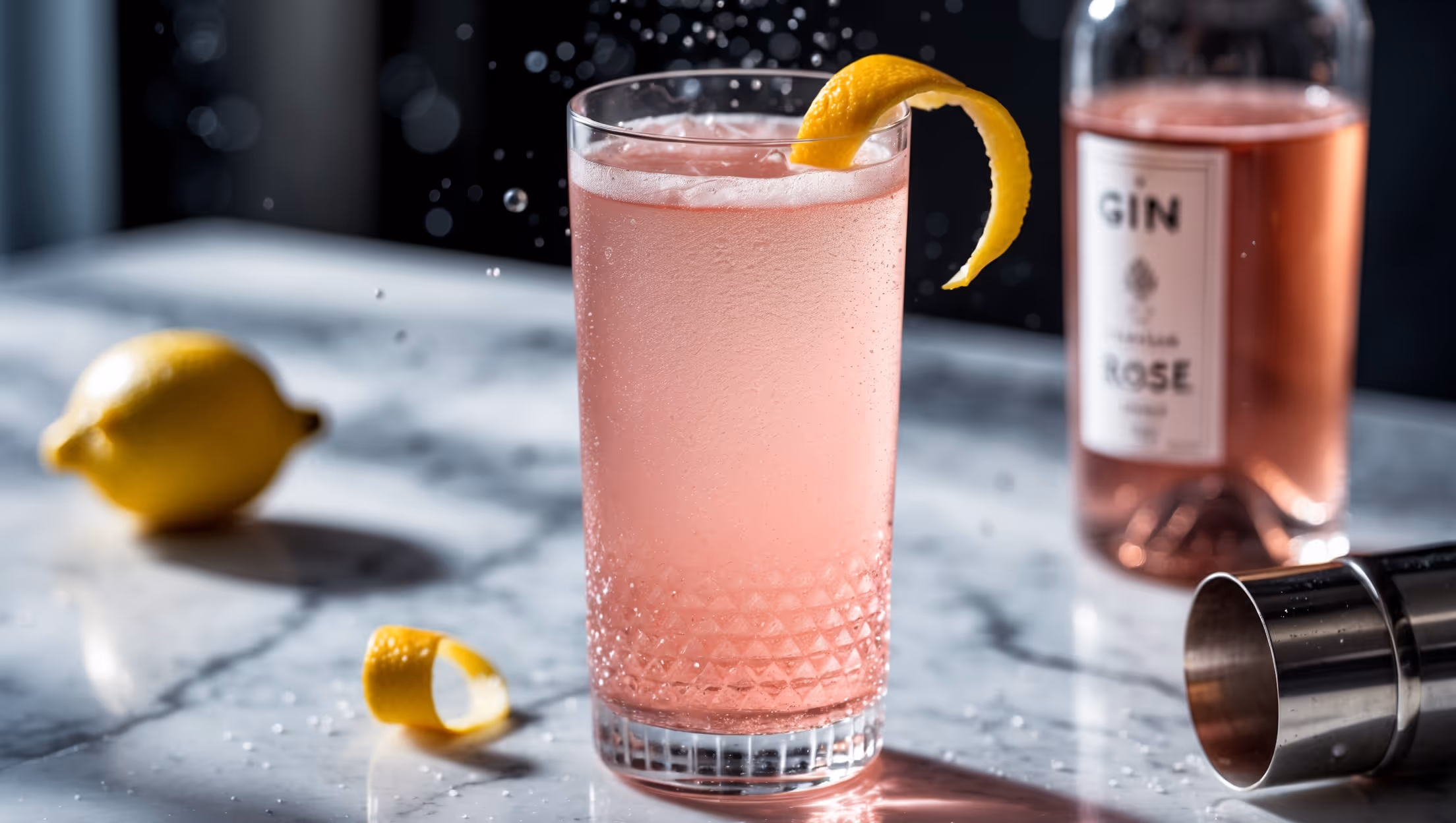 A chilled flute glass captures the delicate pink hue of this Rosé French 75, with tiny bubbles rising elegantly through the blush-colored liquid. Shot in natural daylight with soft shadows highlighting the crystal-clear glass. A twisted lemon peel garnish curls over the rim, contrasting beautifully against the pink cocktail. Droplets of condensation form on the outside of the glass, suggesting refreshing coldness. The cocktail sits on a marble bar top with a bottle of gin and rosé champagne slightly blurred in the background, suggesting premium ingredients. A silver cocktail shaker rests nearby, hinting at the craftsmanship behind this elegant drink.