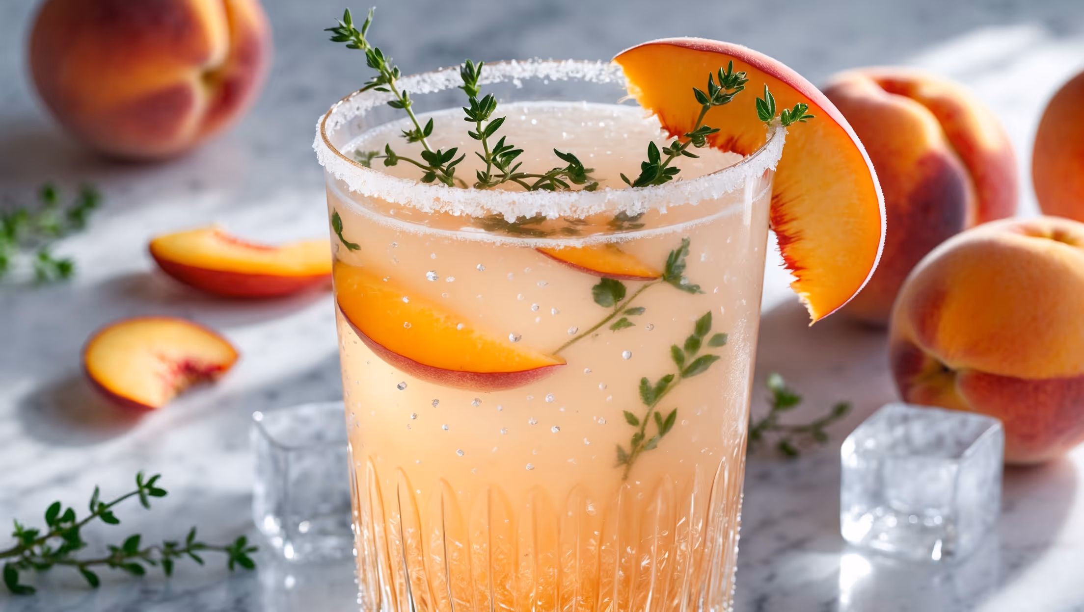 An elegant tall collins glass capturing the golden-peach hue of the cocktail with a gentle gradient from bottom to top. Natural daylight streams through the glass, highlighting suspended thyme sprigs and floating peach slices. Tiny bubbles rise continuously through the liquid, creating a dynamic visual element. The rim is adorned with a crystallized sugar edge, while a prominent garnish of a fresh peach fan and verdant thyme sprig adds height and aroma. The background features blurred fresh peaches and crystalline ice cubes on a light marble surface, enhancing the seasonal freshness of this sparkling summer cocktail.