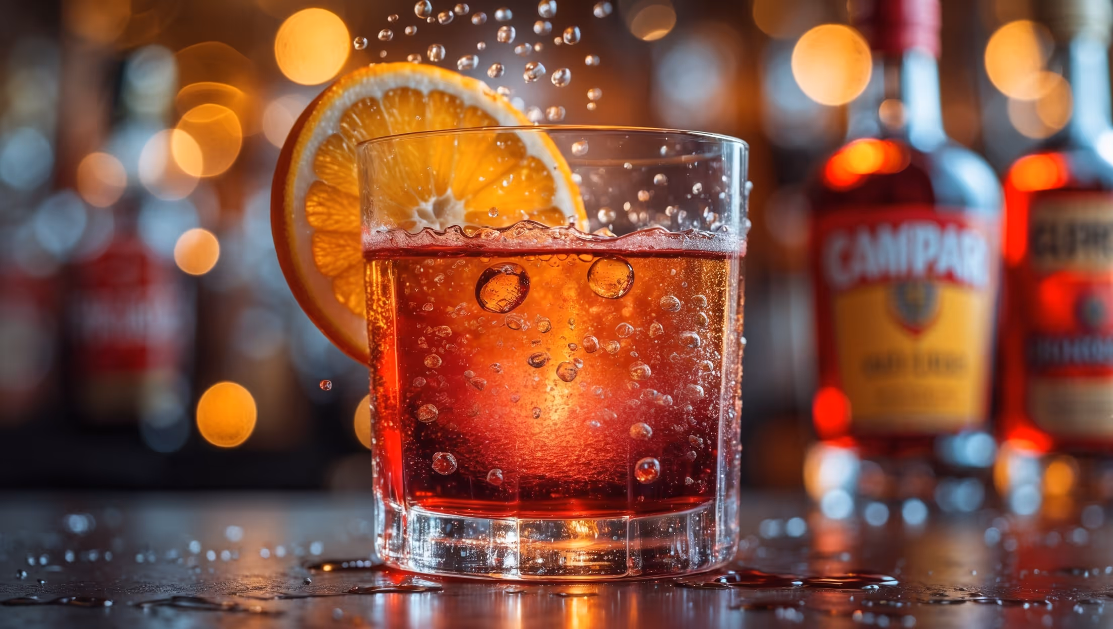 An elegant rocks glass filled with amber-red liquid, showcasing delicate bubbles rising through layers of deep ruby and gold hues. A large, perfectly cut orange slice perches on the rim, with soft bokeh bar lighting creating warm highlights on the crystal-clear ice cube. Droplets of condensation form on the glass surface, catching the ambient golden light. Background elements include blurred bottles of Campari and sweet vermouth, suggesting a sophisticated Italian bar setting where aperitivo cocktails reign supreme.