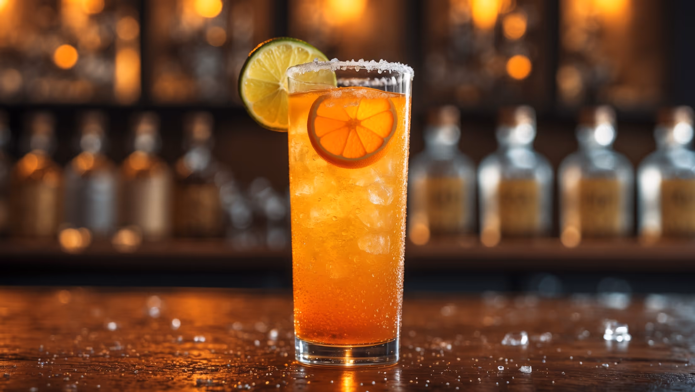 A tall, slender highball glass filled with a vibrant orange-hued cocktail, ice cubes glistening under warm bar lighting. Condensation beads on the glass exterior catch golden highlights, while a juicy orange wheel and lime wedge rest on the rim. The drink shows a beautiful gradient from deep amber at the bottom to a lighter orange-yellow near the top, with tiny bubbles rising through the liquid. A salted partial rim catches the light, with droplets from freshly squeezed citrus visible on the glass surface. The cocktail sits on a rustic wooden bar top with blurred bottles of premium tequila in the background.