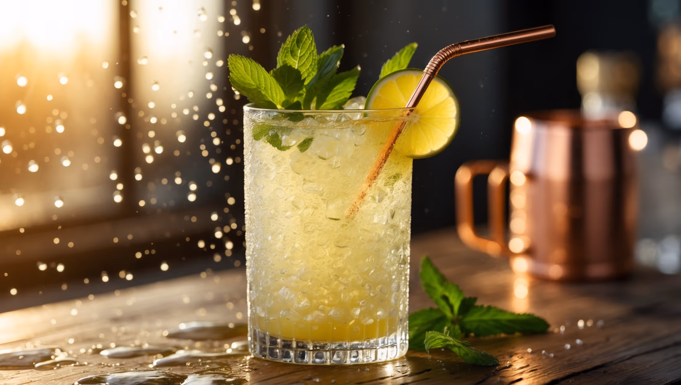 A crystal-clear highball glass filled with crushed ice, capturing the effervescence of the Yuzu Mule with tiny bubbles clinging to the sides. Golden hour light streams through the drink, highlighting the pale yellow-green hue from the yuzu juice. A copper straw stands tall among fresh mint sprigs and a thin slice of yuzu (or lime) perched on the rim. Beads of condensation form on the outside of the glass, suggesting refreshing coolness. The drink sits atop a rustic wooden bar surface with subtle copper accents nearby, echoing the cocktail's Moscow Mule heritage.
