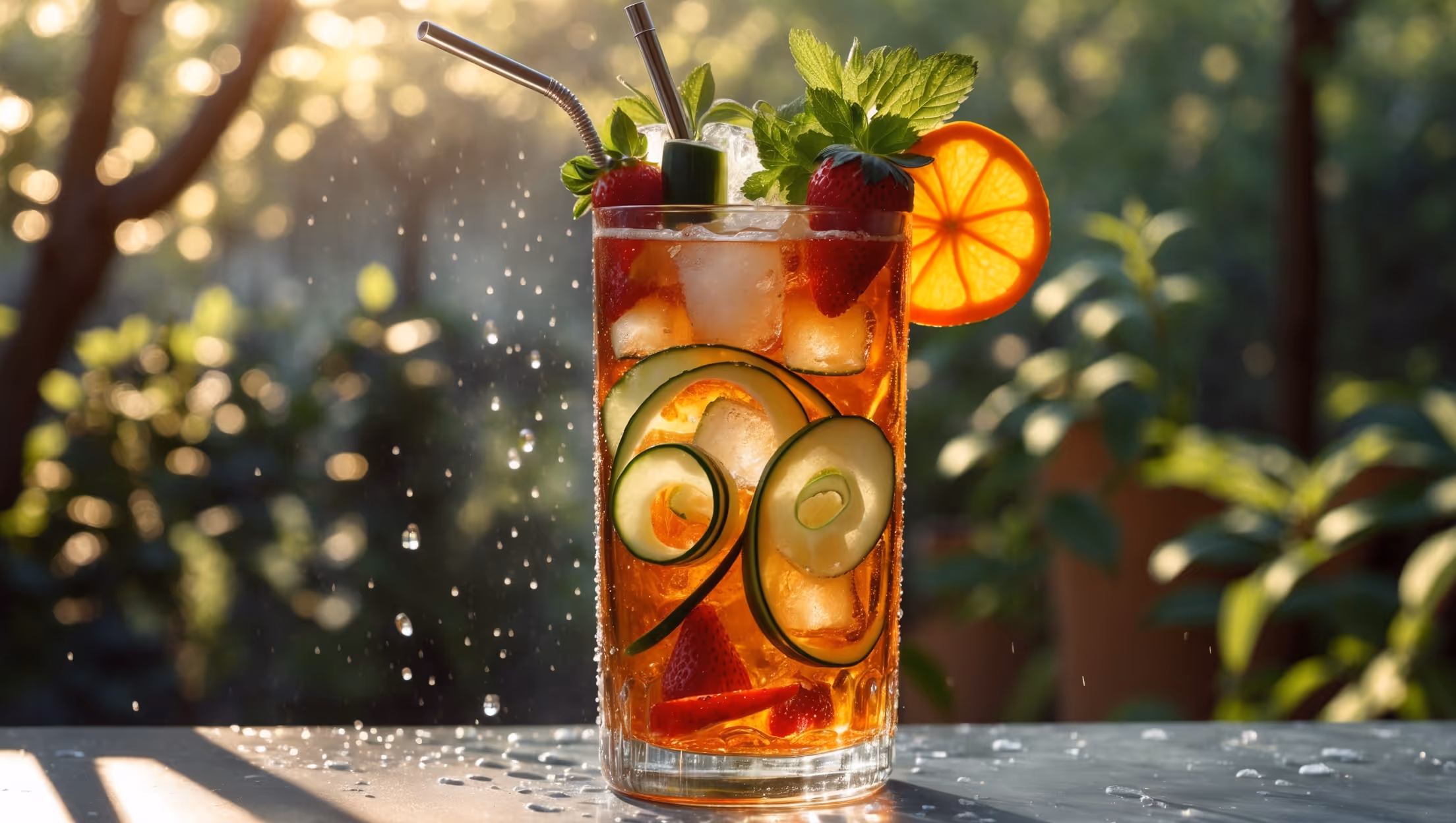 A tall highball glass filled with a rich amber-hued Pimm's Cup cocktail, ice cubes gently catching golden afternoon light. The drink features a vibrant garden of garnishes - cucumber ribbons spiraling inside the glass, strawberry slices, fresh mint sprigs, and orange half-wheels creating height and dimension. Tiny bubbles from ginger beer cling to the sides of the crystal-clear glass, while condensation forms delicate droplets on the exterior. A metal straw and wooden stirrer stand at attention against a backdrop of dappled sunlight filtering through a garden setting, suggesting the perfect British summer day.