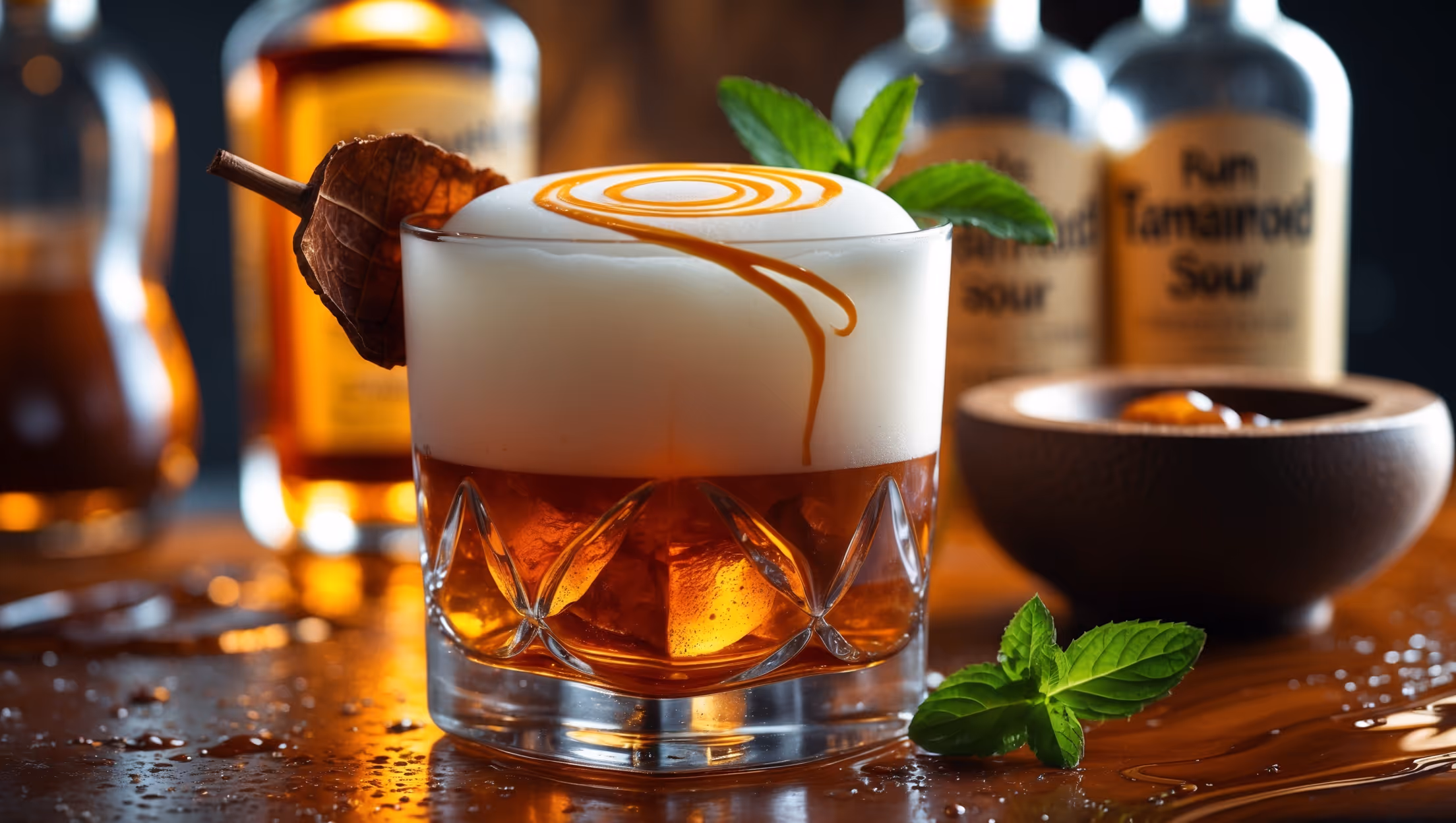 A dramatic close-up of a Rum & Tamarind Sour in a rocks glass with one large square ice cube, amber-colored liquid crowned with a silky egg white foam featuring intricate Angostura bitters art. Golden hour lighting casts warm highlights through the rich mahogany cocktail, emphasizing the layered textures. A delicate dried tamarind pod and fresh mint sprig rest on the glass rim, while droplets of condensation glisten against the crystal-clear glassware. The background features blurred bottles of aged rum and a wooden mortar containing fresh tamarind paste, suggesting the craft behind this complex tropical libation.