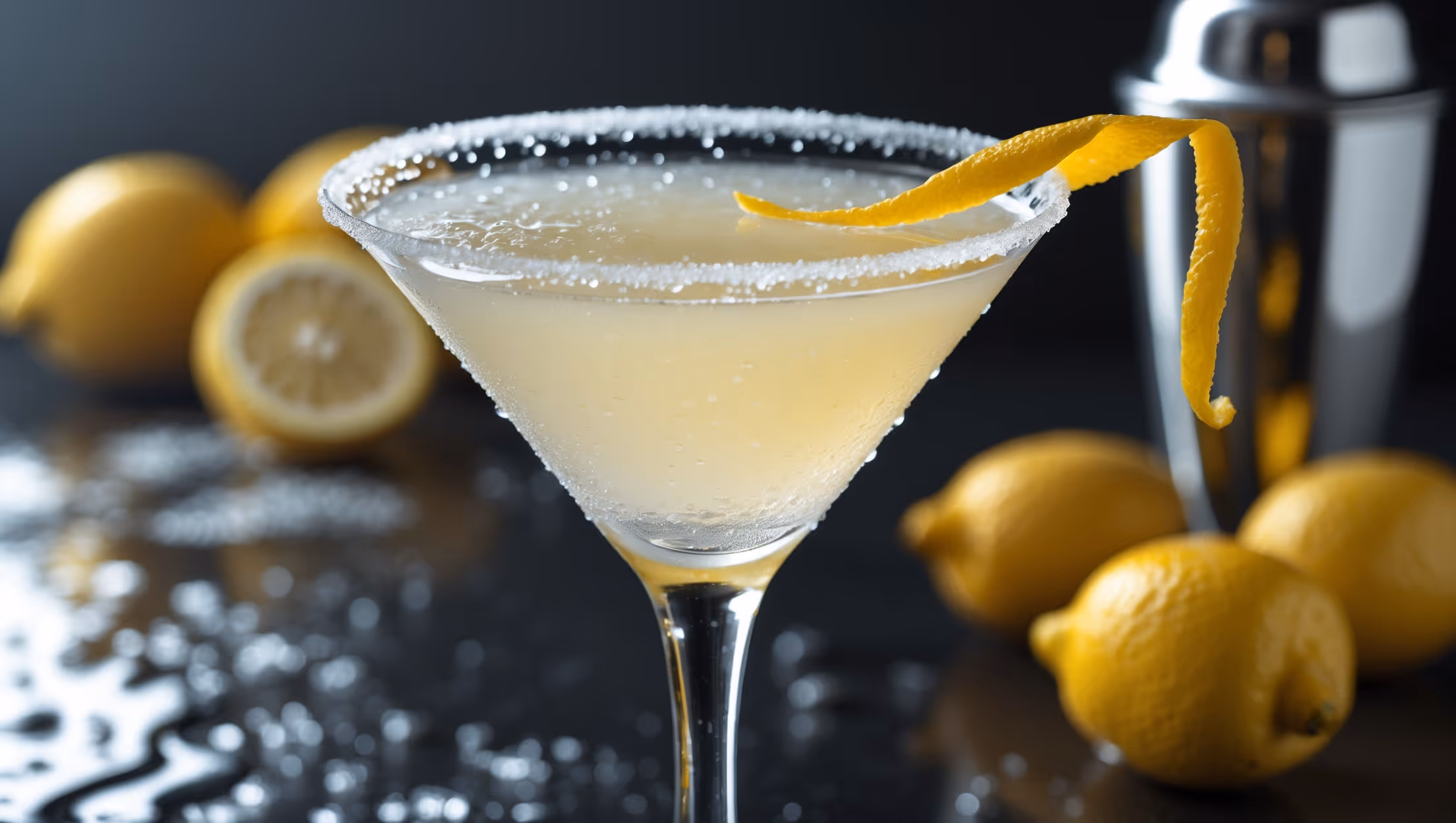 A pristine martini glass captured in soft studio lighting, showcasing the pale yellow Lemon Drop Martini with crystalline clarity. Droplets of condensation cling to the outside of the glass, suggesting perfect chilling. The cocktail's surface glistens with a light sugared rim catching the light, while a twisted lemon peel garnish hangs elegantly over the edge. A backdrop of fresh lemons and a cocktail shaker slightly out of focus hints at the fresh preparation, with dramatic side lighting highlighting the drink's silky texture and vibrant citrus essence.