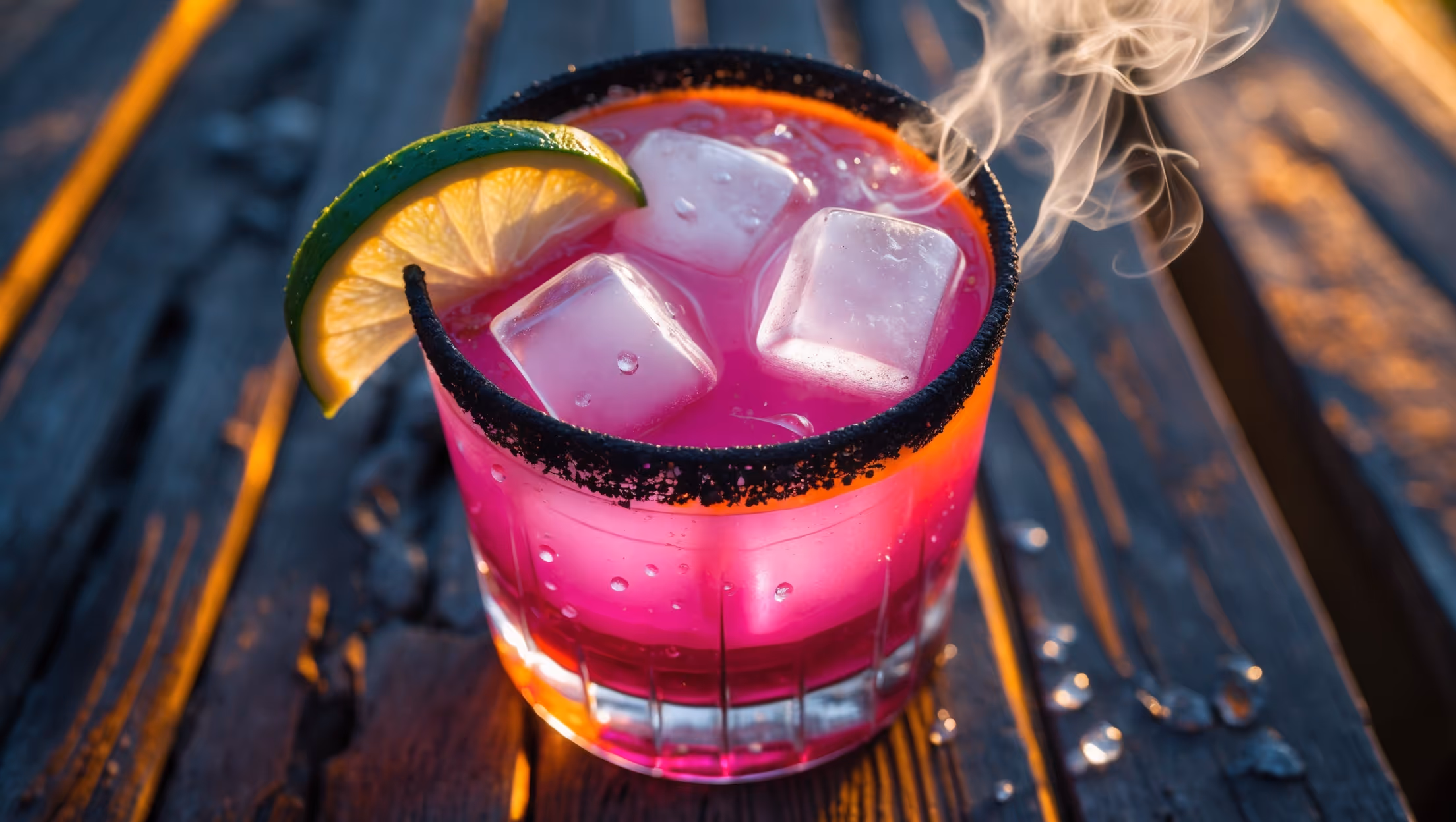 An overhead shot of a rocks glass with a black lava salt rim, filled with a striking magenta-colored cocktail that transitions to a subtle orange glow near the edges. Golden hour sunlight streams across the frame, illuminating the drink's vivid color against a rustic wooden table. Large, clear ice cubes catch the light while a dehydrated lime wheel and prickly pear slice rest on the rim. Droplets of condensation form on the glass surface, suggesting refreshing coolness, while wisps of smoke from the mezcal linger above the cocktail, hinting at its complex flavor profile.