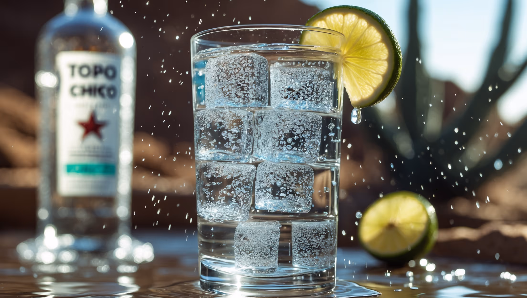 A tall, cylindrical Collins glass filled with crystal-clear Ranch Water cocktail, capturing sparkling bubbles rising through the liquid in natural sunlight. Ice cubes with perfect clarity create refractive patterns while a wedge of lime perches on the rim, its oils glistening on the surface. Droplets of condensation run down the glass, emphasizing the drink's refreshing quality. A partial bottle of premium blanco tequila and Topo Chico mineral water sit slightly blurred in the background, with desert-inspired styling elements suggesting its Texan heritage.