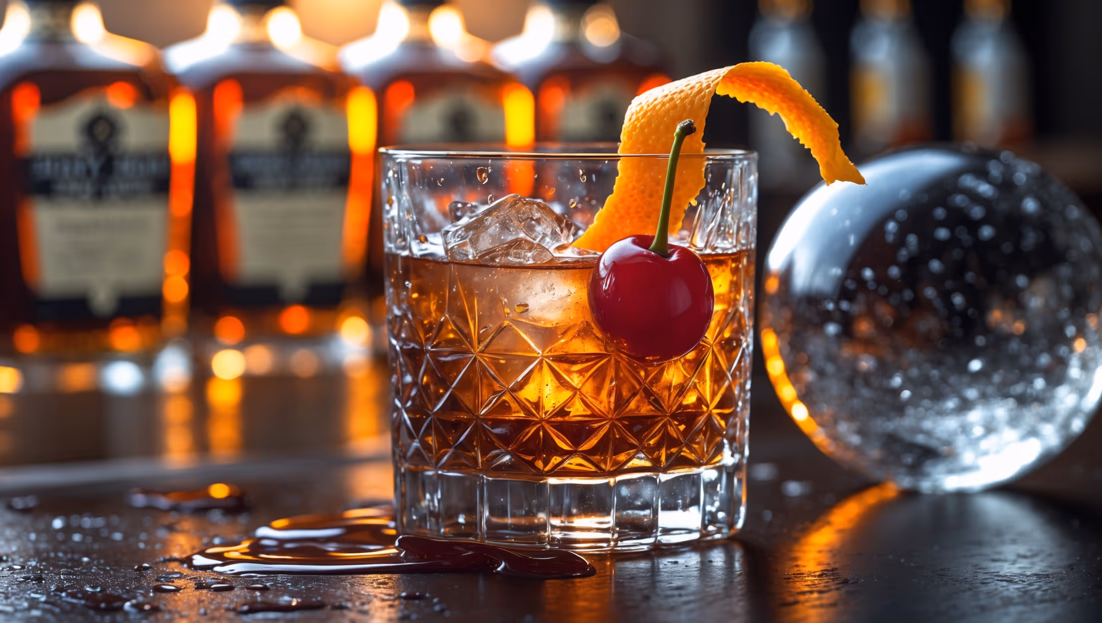 A crystal rocks glass sits on a dark wooden bar top, golden hour light filtering through the amber liquid and illuminating the large, crystal-clear ice sphere. The rum old fashioned glows with rich mahogany hues, while droplets of condensation create a delicate pattern on the glass exterior. A fresh orange peel, twisted to release its oils, rests elegantly on the rim, with a luxurious Luxardo cherry partially submerged below. The background features blurred bottles of premium aged rum, creating depth as soft, warm light catches the edges of the glass and highlights the subtle swirl of oils on the surface.