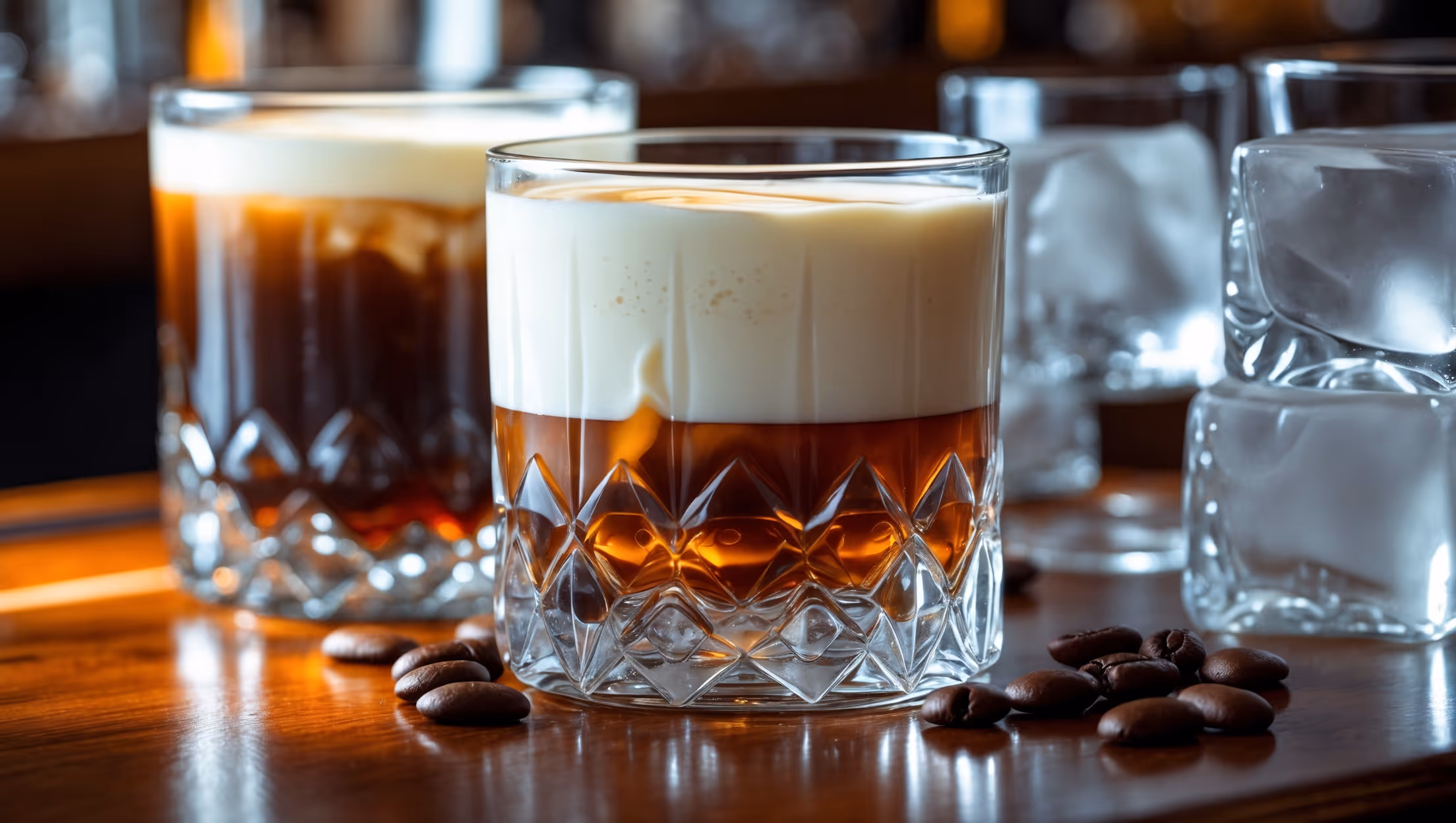 A close-up shot of a White Russian in a crystal rocks glass, showcasing three distinct layers - deep brown coffee liqueur at the bottom, clear vodka in the middle, and a pristine layer of cream floating on top. Soft, warm bar lighting casts gentle shadows through the glass, highlighting the swirling patterns where the cream slowly integrates with the spirits. Large, crystal-clear ice cubes glisten beneath the surface, while tiny coffee beans rest alongside the glass on a polished wooden bar top, adding depth and context to this classic cocktail.
