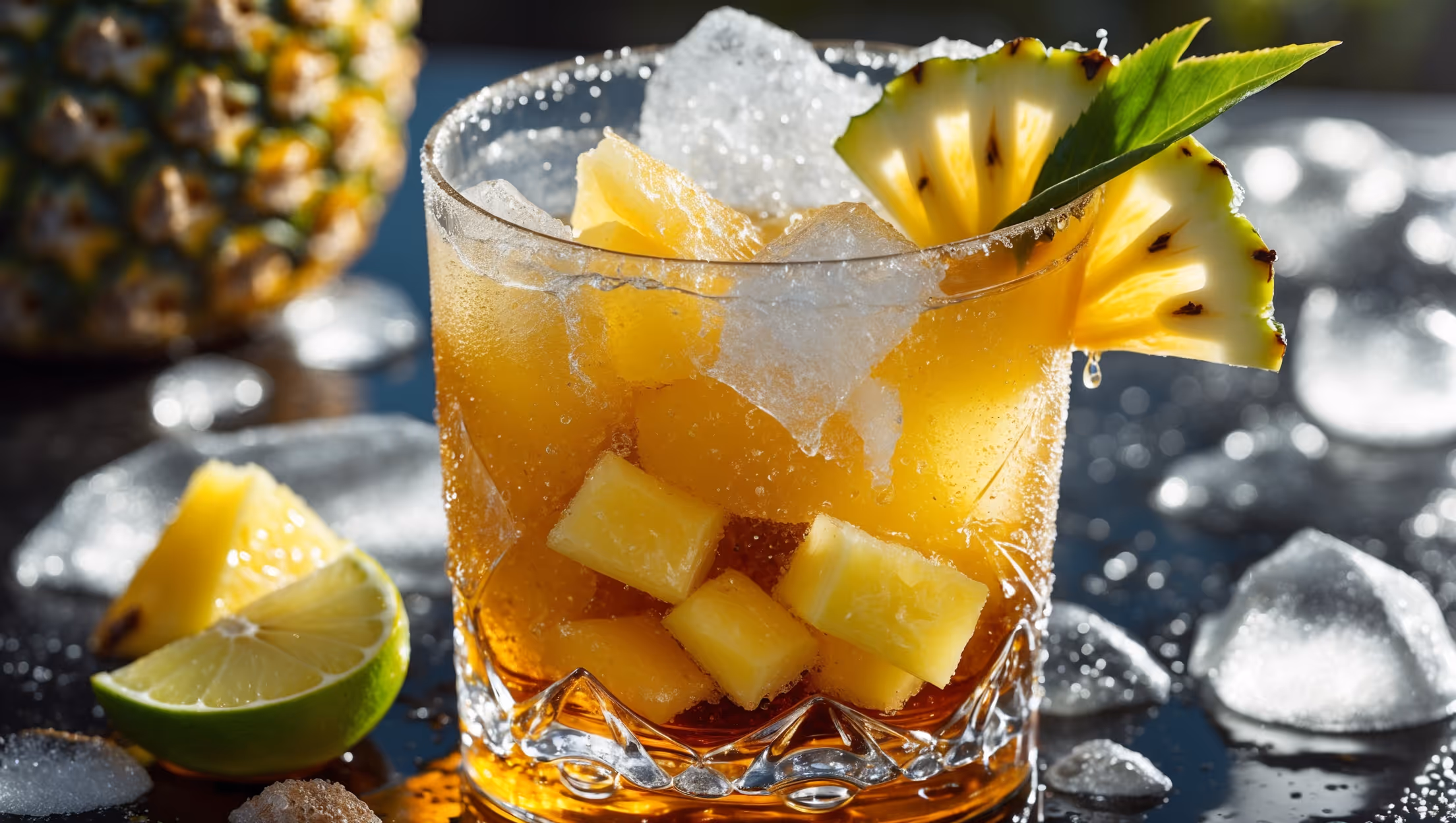 An ice-filled rocks glass captures this golden Pineapple Caipirinha in warm afternoon light, highlighting the vibrant yellow pineapple chunks muddled with fresh lime wedges. Crushed ice creates a frost on the crystal-clear glass while dark amber cachaca pools around larger ice cubes. A perfectly positioned pineapple leaf and lime wheel garnish add vibrant contrast against the drink's sunny hue. Droplets of condensation catch the light, suggesting the cocktail's refreshing coolness, while visible sugar granules around the rim hint at its perfect sweet-tart balance.