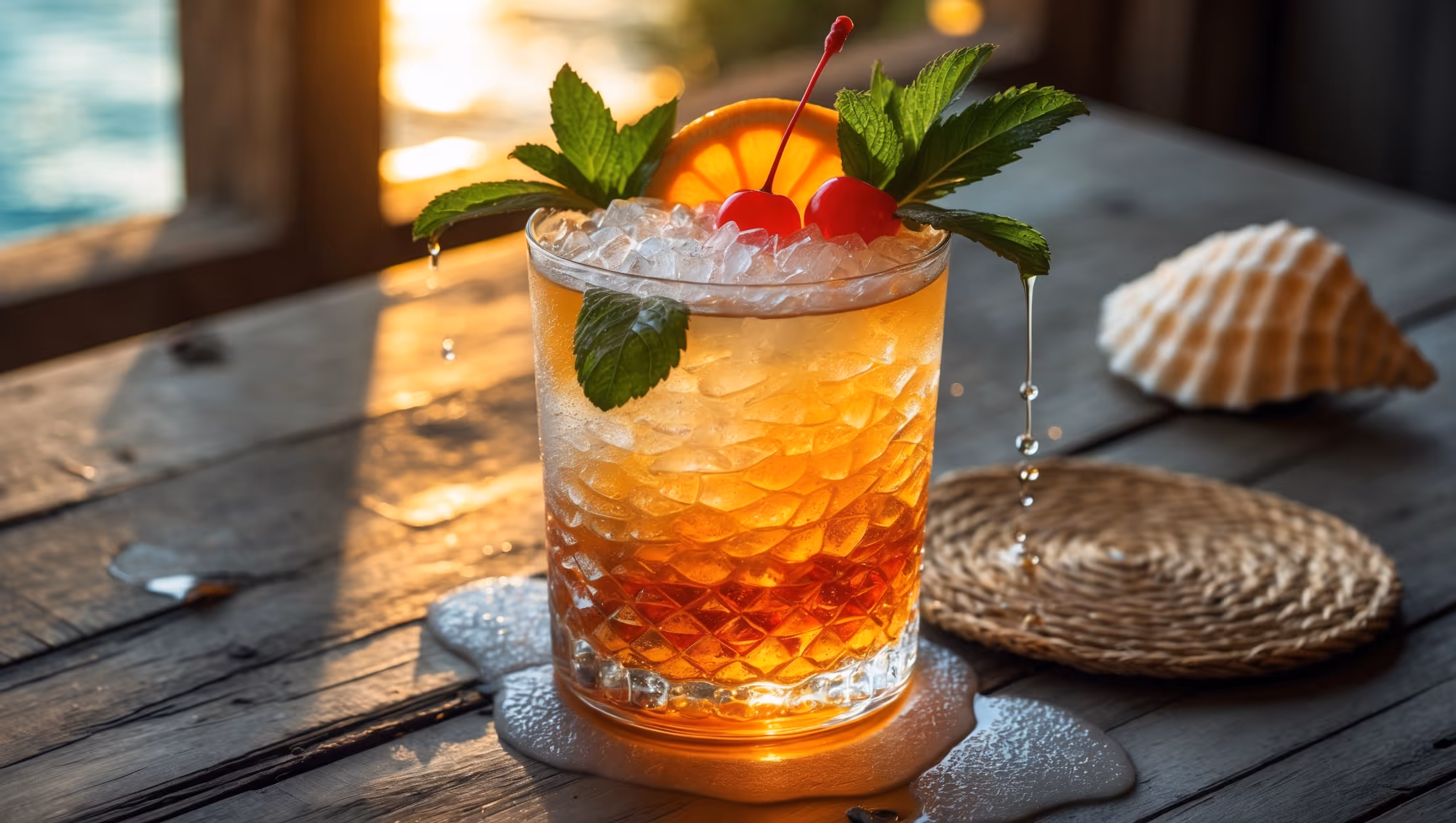 A tall, frosted Collins glass showcases the Rum Swizzle's beautiful amber-to-gold gradient, crowned with a delicate layer of crushed ice that's beginning to melt around the edges. Golden hour sunlight streams through the glass, highlighting the drink's rich color transitions. A bouquet of fresh garnishes - mint sprigs, orange wheel, and a cherry - rest atop the crushed ice, their colors popping against the drink's hue. Tiny beads of condensation run down the glass, suggesting the perfect refreshment on a warm day. The drink sits on a weathered wooden table with tropical elements subtly placed nearby - a dried palm frond, seashell, and woven coaster - evoking Bermuda's beachside ambiance.
