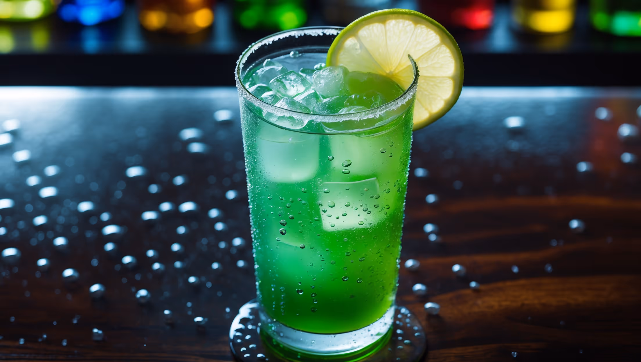 An overhead shot of a tall, slender highball glass filled with a luminous green cocktail, ice cubes glistening under soft bar lighting. Condensation beads elegantly down the crystal-clear glass, capturing the vibrant emerald liquid inside. A thin slice of lime and lemon perch on the rim, their bright colors contrasting with the electric green of the Tokyo Ice Tea. Small bubbles rise through the cocktail from the soda splash, creating dynamic movement against the translucent layers of spirits. The glass sits on a polished dark wood bar, with subtle reflections of colored bottles in the background creating depth and atmosphere.