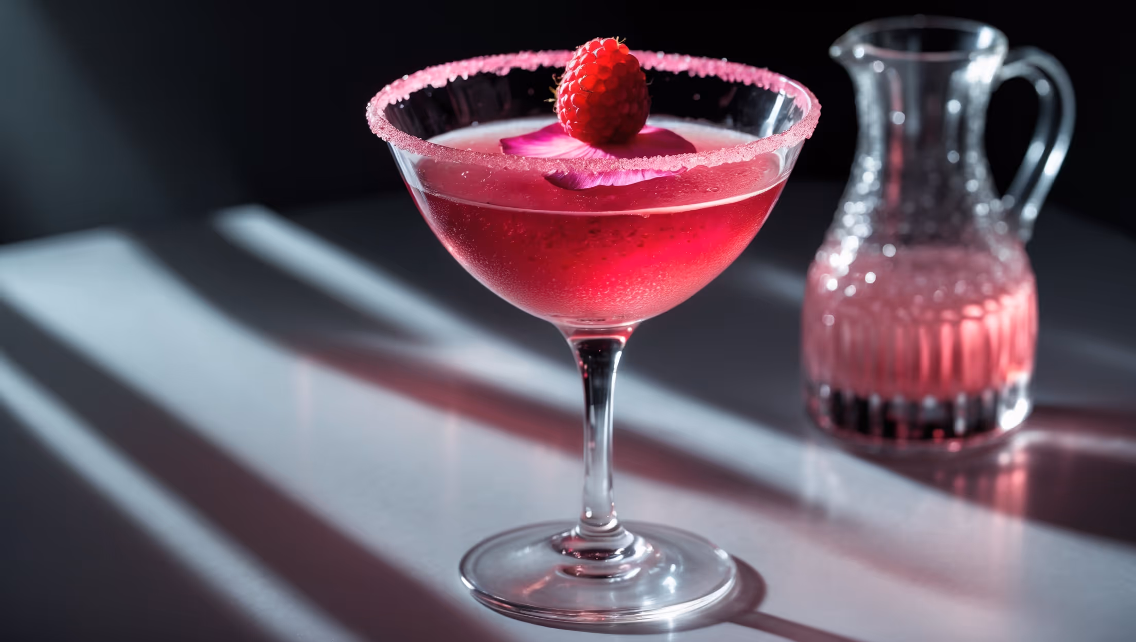 Captured in dramatic low light, this striking martini glows with a vibrant raspberry-pink hue in a crystal-clear coupe glass with a slender stem. A fine rim of pink sugar catches the light while a single fresh raspberry and a delicate rose petal float atop the perfectly smooth surface. Condensation forms on the glass's exterior, highlighting the impeccable chill of the cocktail. The lighting creates subtle shadows that emphasize the drink's silky texture, while in the soft-focus background, a small crystal pitcher holds additional cocktail, suggesting an evening of sophisticated indulgence.