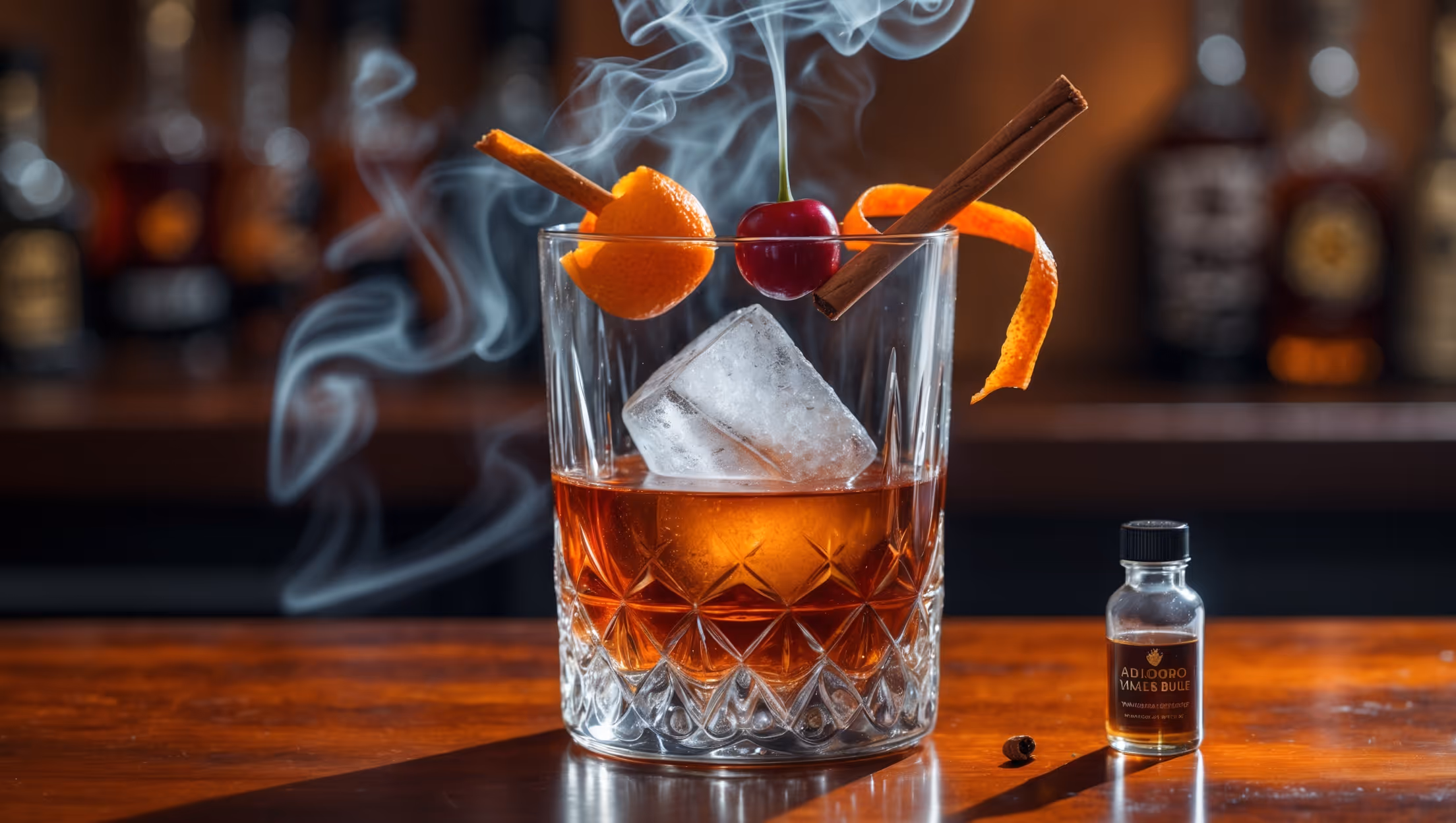 A crystal rocks glass sits on a polished wooden bar, catching amber light that accentuates the deep burnished-copper hue of the cocktail. A large, clear ice cube occupies the center, slowly melting against the rich spirits. Wisps of applewood smoke linger above the glass, creating a dramatic atmosphere. A twist of orange peel and a bourbon-soaked cherry rest on the rim, while a small cinnamon stick serves as a stirrer. The glass shows condensation forming on its exterior, evidence of the perfectly chilled contents within. A small vial of maple syrup and smoked bitters sit nearby, hinting at the cocktail's key components.