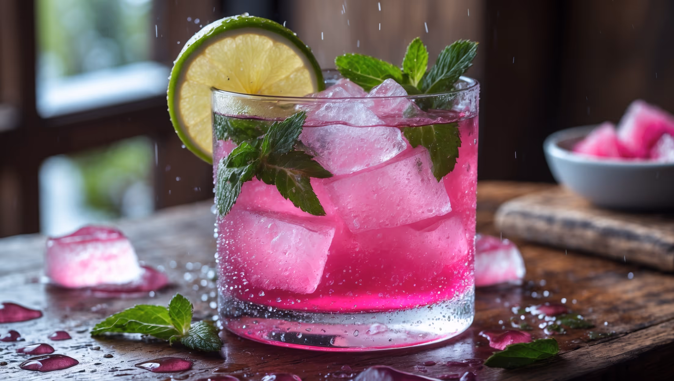 A frosted rocks glass filled with crushed ice showcases the striking magenta hue of the Prickly Pear Vodka Smash. Natural window light highlights the translucent layers where the vibrant prickly pear purée blends into the clear vodka. Close-up details reveal fresh mint leaves gently bruised and tucked among the ice, while a lime wheel perches on the rim, its bright green contrasting beautifully with the pink-purple cocktail. Tiny water droplets bead on the exterior of the glass, suggesting refreshing coolness. The cocktail sits on a rustic wooden bar top with a small bowl of prickly pear chunks nearby, emphasizing its southwestern origins and fresh ingredients.