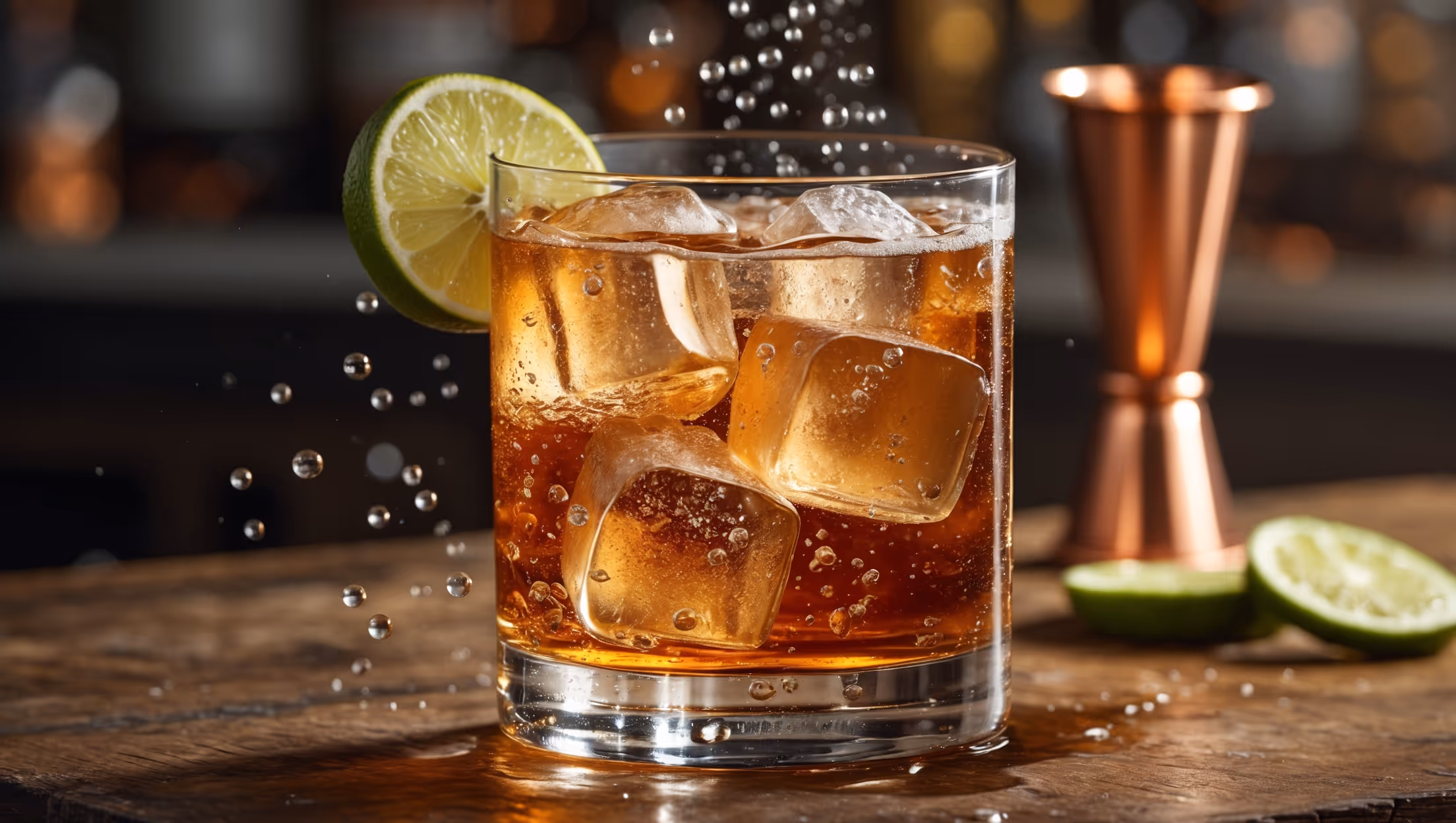 An elegant highball glass showcases the Whiskey Buck with large, crystal-clear ice cubes catching the amber glow of whiskey as it mingles with the golden hue of ginger beer. Condensation beads dramatically on the glass under warm, directional lighting that highlights the drink's effervescence. A plump wedge of lime perches on the rim, while a thin slice of fresh ginger is partially submerged in the cocktail. The drink sits on a rustic wooden bar top with a small copper jigger visible in the soft-focus background, suggesting craft and precision. Bubbles rise continuously through the drink, creating dynamic movement against the deep caramel tones of the whiskey.