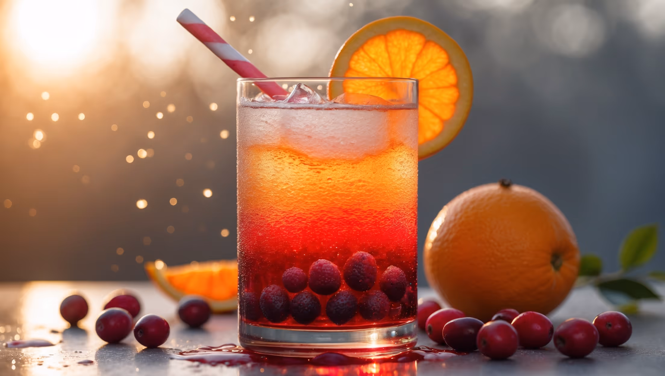 An elegant highball glass captures the gradient of colors resembling a sunrise - deep red cranberry at the bottom gently blending upward into vibrant orange. Golden hour lighting accentuates the warm amber and crimson hues while catching the condensation droplets on the outside of the glass. A slice of fresh orange perches on the rim, with a whole orange and scattered cranberries artfully arranged beside the glass. The drink shows delicate bubbles rising through the layers, with ice cubes glistening in the soft light. A striped paper straw stands tall, inviting the viewer to take a sip of this refreshing, alcohol-free sunrise in a glass.