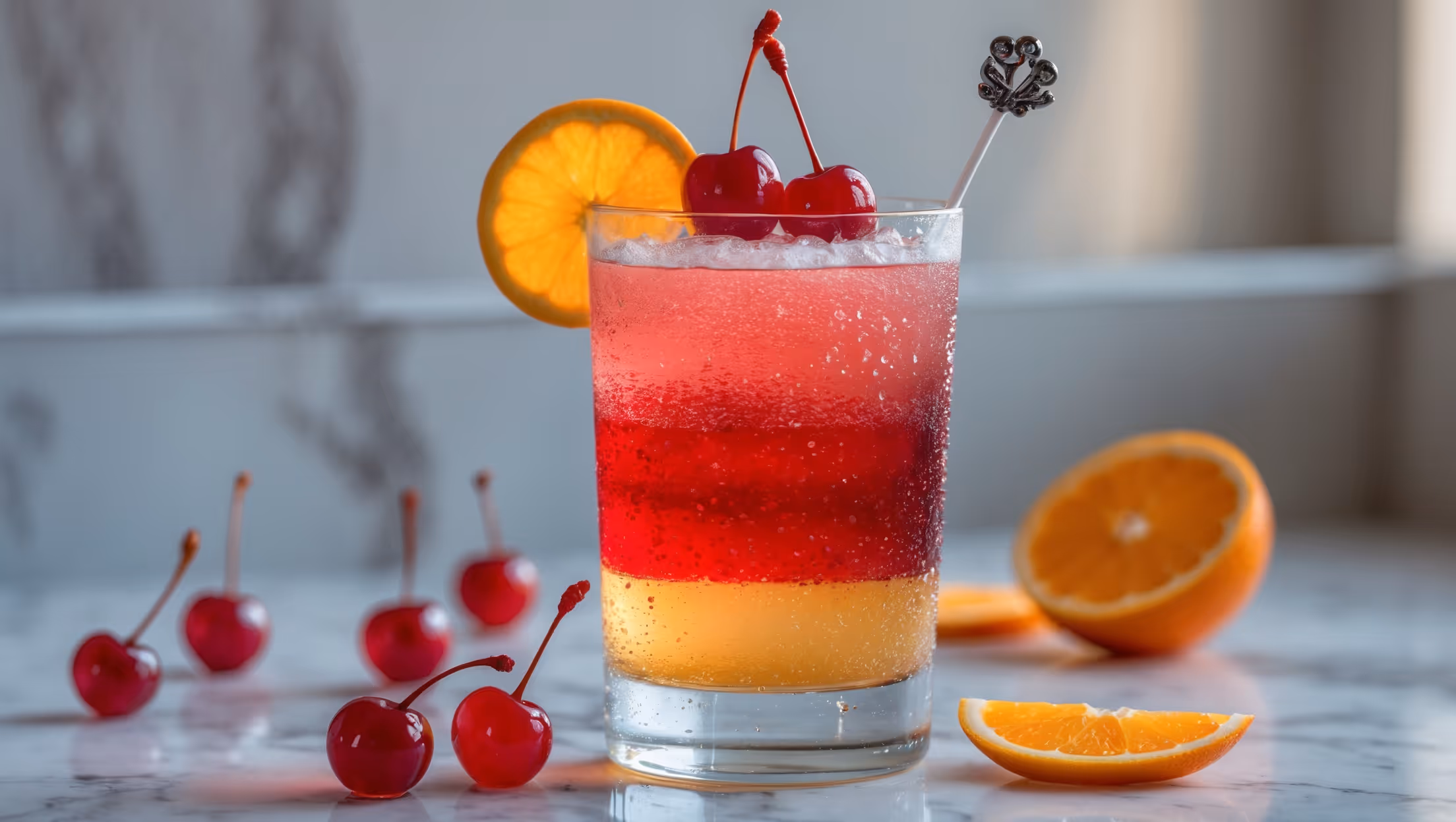 A crystal-clear highball glass stands proudly showcasing layers of ruby-red grenadine that gently bleed upward into golden ginger ale, creating a captivating ombré effect. The surface bubbles with lively carbonation while three plump maraschino cherries nestle together on top, suspended on a decorative cocktail pick. Condensation beads the outside of the glass, capturing the bright natural daylight that highlights the drink's jewel-toned colors. A slice of orange rests on the rim, adding a pop of vibrant citrus color while suggesting the hint of fresh flavor in this classic alcohol-free sipper. The drink is set against a light-colored marble countertop with a scatter of loose maraschino cherries and orange slices artfully arranged nearby.