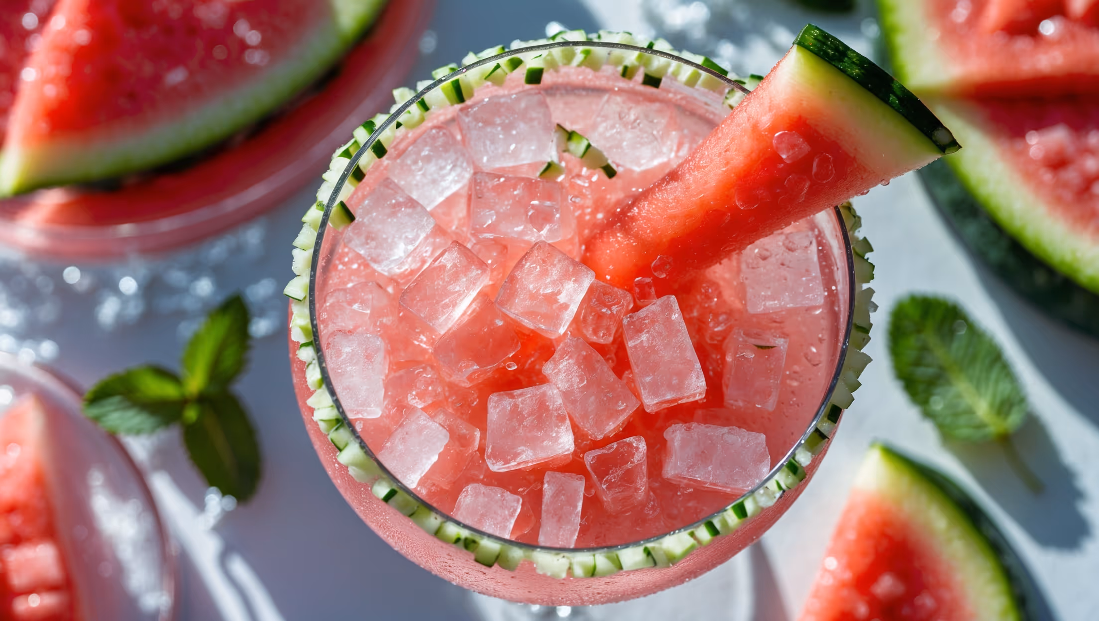 An overhead close-up captures this vibrant watermelon cucumber slush in a wide-rimmed cocktail glass with crushed ice glistening under bright natural daylight. The drink displays a stunning gradient from deep pink at the bottom to lighter rose near the top, with visible specks of bright green cucumber suspended throughout. A decorative rim of finely diced watermelon and cucumber pieces adds textural interest, while a thin cucumber wheel and small watermelon wedge perch elegantly on the glass edge. Droplets of condensation catch the light as they run down the glass, emphasizing the drink's refreshing chill factor. The setup includes fresh watermelon chunks and cucumber slices scattered artfully nearby, with mint leaves providing verdant contrast against the blush-colored beverage.