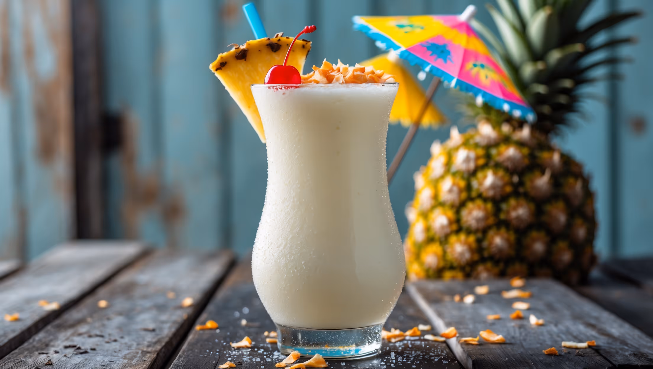 A tall hurricane glass filled with a creamy white Virgin Piña Colada, photographed in bright natural daylight against a weathered wooden table. The perfectly blended drink shows smooth, velvety texture with tiny air bubbles on its surface. A fresh pineapple wedge and maraschino cherry rest on the rim, while a colorful paper umbrella adds playful charm. Droplets of condensation glisten on the glass exterior, and in the background, out-of-focus tropical leaves create a vacation ambiance. A sprinkle of toasted coconut flakes crowns the drink's surface, and a bright blue paper straw stands at attention in this refreshing tropical escape.