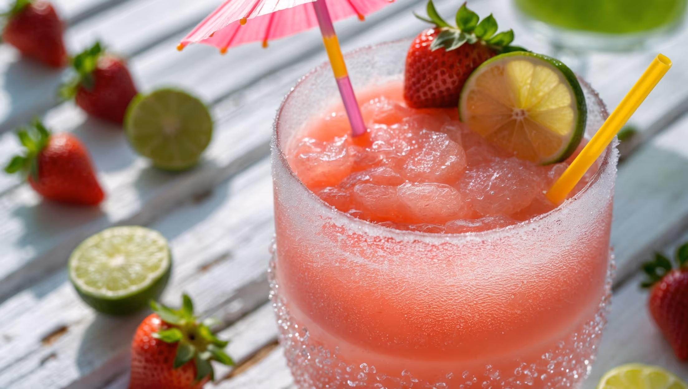 A close-up of a frosted hurricane glass showcases this Virgin Daiquiri in bright natural daylight, highlighting either the vibrant red of fresh strawberries or the bright green of lime, depending on the version. The glass sits on a whitewashed wooden surface with scattered fresh fruit around the base—whole strawberries with leaves attached or sliced lime wedges. The drink itself has a perfectly smooth, slushy texture from blending with crushed ice, creating tiny ice crystals visible on the surface. A thin lime wheel or small strawberry garnishes the rim, while condensation beads form on the outside of the glass, suggesting its refreshing chill. A paper umbrella and colorful straw complete the tropical presentation, making it instantly recognizable as a vacation-worthy mocktail.