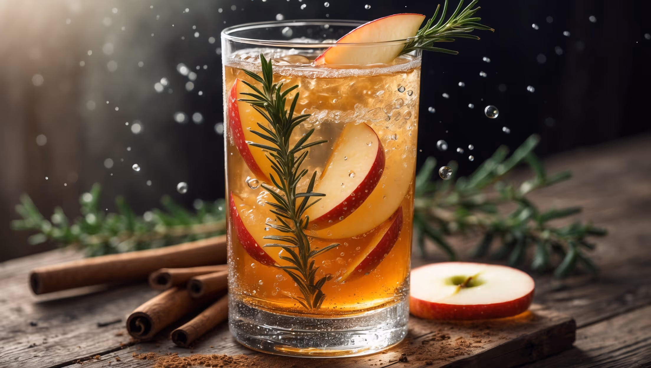 A tall, crystal-clear highball glass filled with golden apple cider and floating apple slices, illuminated by soft natural daylight. Bubbles rise gently through the amber liquid, creating tiny pathways around suspended ice cubes and apple pieces. A dramatic rosemary sprig stands tall as a garnish, its deep green needles contrasting beautifully with the warm tones of the drink. Delicate condensation beads the outside of the glass while a thin slice of apple rests on the rim, partially dusted with cinnamon. The mocktail sits on a rustic wooden surface alongside scattered cinnamon sticks and fresh rosemary sprigs, creating a cozy autumn ambiance.