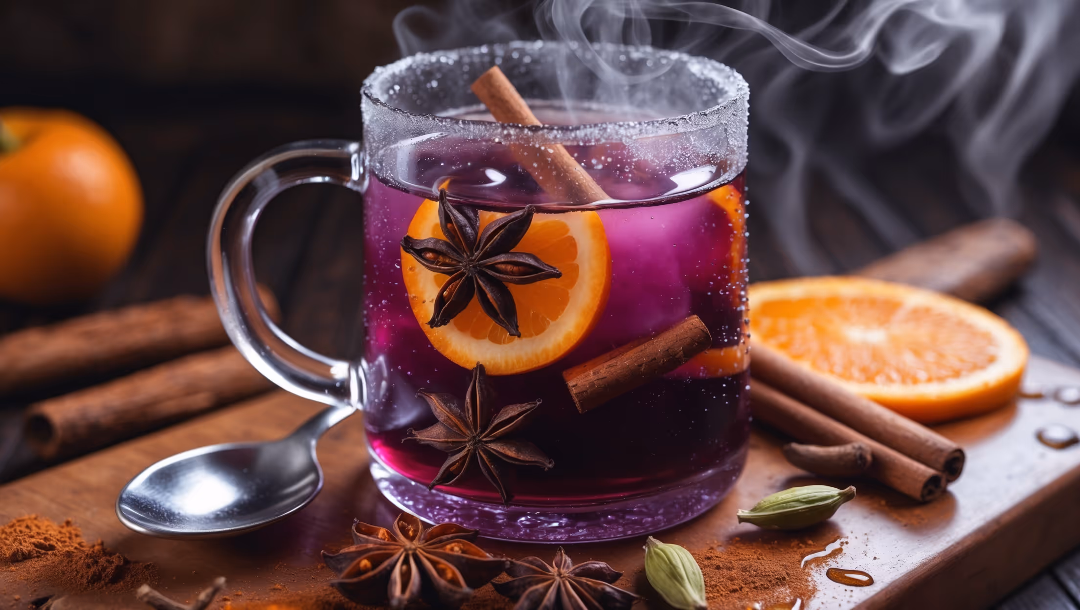 A steaming glass mug revealing deep purple-red liquid with wisps of fragrant steam rising in soft natural lighting. The clear glass showcases floating star anise pods, cinnamon sticks, and orange slices, with a delicate rim frost from the temperature contrast. A polished silver spoon rests alongside with a light dusting of cinnamon powder, while whole cloves and cardamom pods are artfully arranged on a wooden serving board. Warm, amber lighting highlights condensation droplets forming on the glass surface, emphasizing the comforting warmth of this winter mocktail.