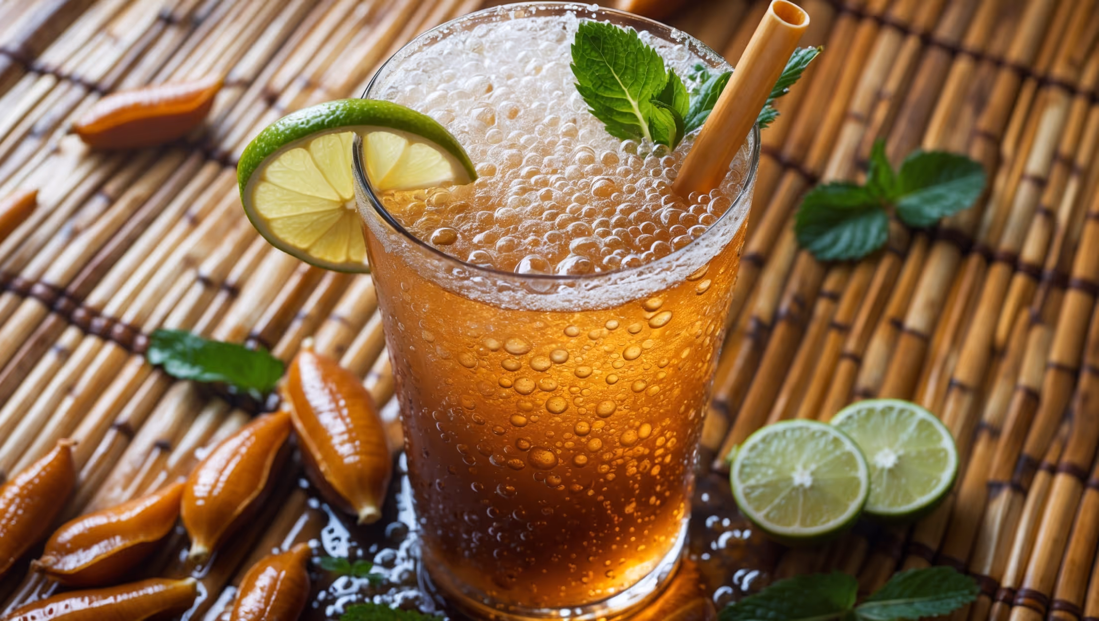 A tall, ice-filled Collins glass filled with an amber-hued tamarind soda that transitions from deep caramel at the bottom to lighter tawny at the top where bubbles collect around the rim. Photographed in bright natural daylight, showcasing the drink's effervescence as tiny bubbles rise continuously. A lime wheel and fresh mint garnish rest on the rim, while a bamboo straw stands at an angle. Condensation beads on the glass surface, suggesting refreshing coolness. The mocktail sits on a woven bamboo mat with scattered tamarind pods, mint sprigs, and lime wedges surrounding the base, creating an authentic Southeast Asian feeling.