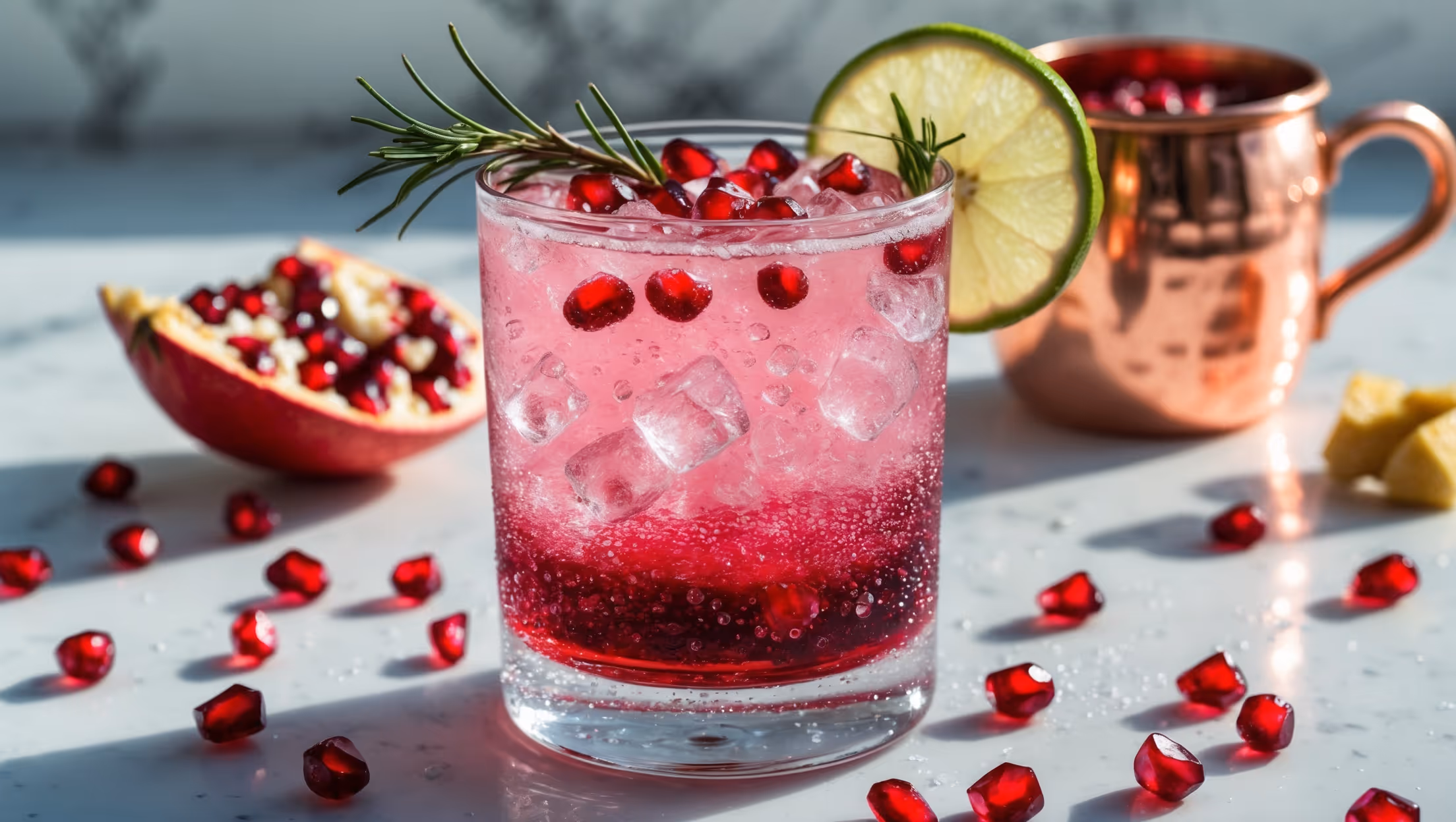 A crystal-clear highball glass filled with crushed ice and a ruby-red pomegranate mocktail, fizzing with carbonation. Shot in bright natural daylight highlighting the drink's rich crimson hue against a marble countertop. A lime wheel rests on the rim while a fresh rosemary sprig and pomegranate seeds float on top. Condensation beads on the glass surface, emphasizing the drink's refreshing coldness. A copper mule mug sits nearby with additional pomegranate arils and crystallized ginger pieces scattered artfully around the base, suggesting the authentic mule inspiration behind this non-alcoholic version.