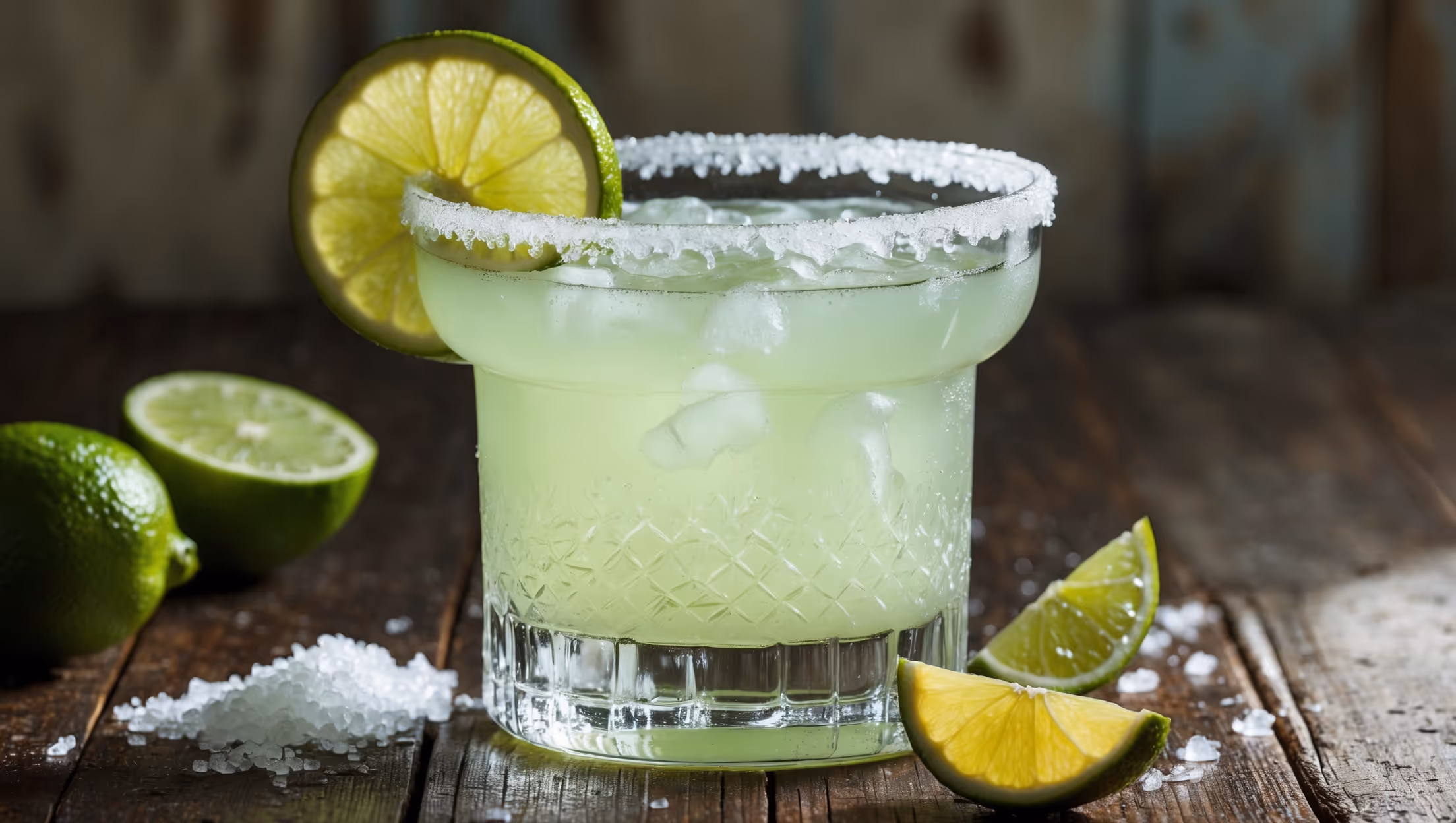 A crystal-clear margarita glass with a perfectly salted rim captures the Virgin Margarita in bright natural daylight. The pale green-yellow cocktail shows frosty condensation on the outside of the glass, with crushed ice visible through the transparent liquid. A thin wheel of lime is perched on the rim, while a second lime wedge rests at the bottom of the glass. The drink sits on a rustic wooden table with scattered coarse sea salt crystals and fresh lime halves artfully arranged nearby, emphasizing the drink's citrus foundation and creating a vibrant contrast against the cool-toned beverage.