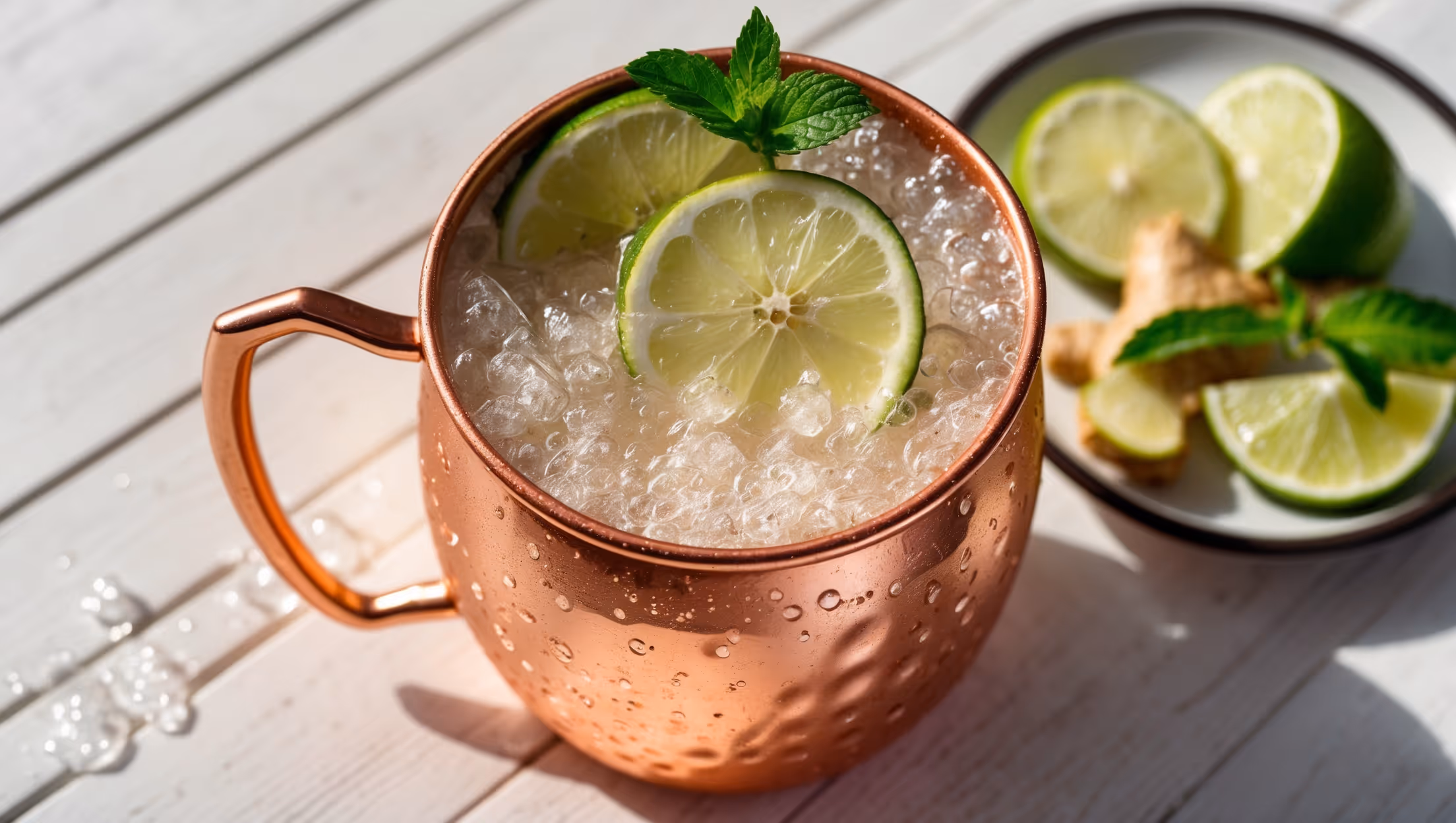 A copper mug filled with a sparkling Non-Alcoholic Moscow Mule, photographed in bright natural daylight against a light wooden surface. Crushed ice peeks over the rim, topped with a fresh lime wheel and vibrant mint sprig. Tiny bubbles rise visibly through the pale golden liquid, while beads of condensation form on the outside of the mug. A small plate of fresh ginger slices and lime wedges sits alongside, suggesting the freshness of ingredients. The copper catches glints of light, creating a warm contrast against the crisp greens of the garnish.