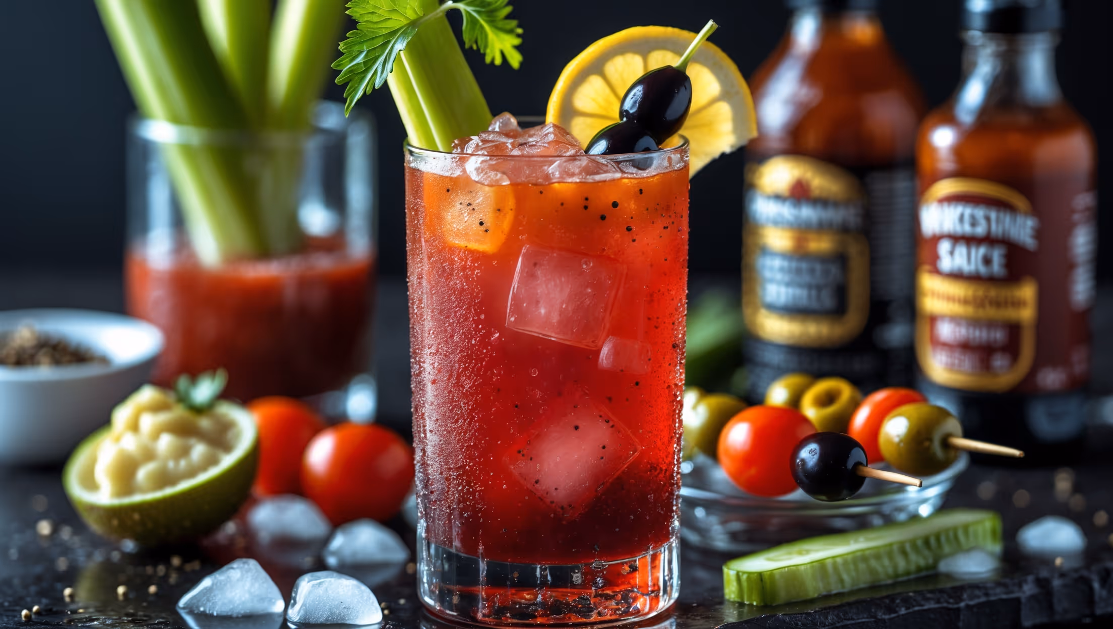 A tall, clear Collins glass filled with a vibrant, deep red Virgin Mary mocktail captured in crisp natural daylight. The rich tomato base shows beautiful textures with tiny specks of black pepper and celery salt visible. Ice cubes glisten and condensation beads on the glass, signaling refreshing coldness. A leafy celery stalk protrudes dramatically from the top while a lemon wedge perches on the rim alongside a pickle spear. The garnish array is completed with a skewer of olives, cherry tomato and a crisp cucumber slice. Background elements include bottles of Worcestershire sauce and a small bowl of freshly cracked black pepper, enhancing the craft cocktail feel.