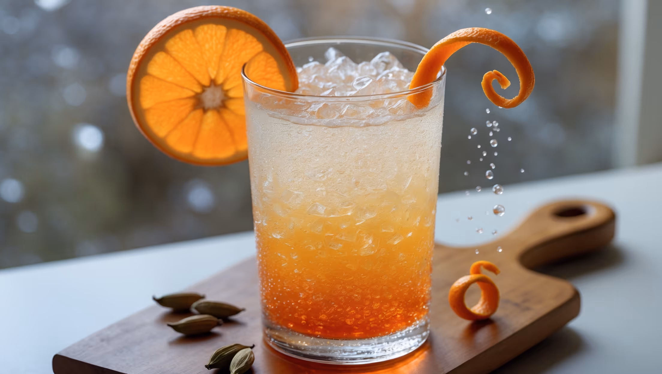 An elegant highball glass filled with a gradient orange mocktail, crushed ice visible through the clear glass catching natural daylight. A half-wheel of fresh orange perches on the rim alongside a twisted orange peel garnish that spirals down into the drink. Cardamom pods rest decoratively beside the glass on a wooden serving board. Tiny beads of condensation form on the outside of the glass, while bubbles rise gently through the amber-hued liquid which transitions from deeper orange at the bottom to a lighter hue near the top where the sparkling water creates a subtle frothy layer.