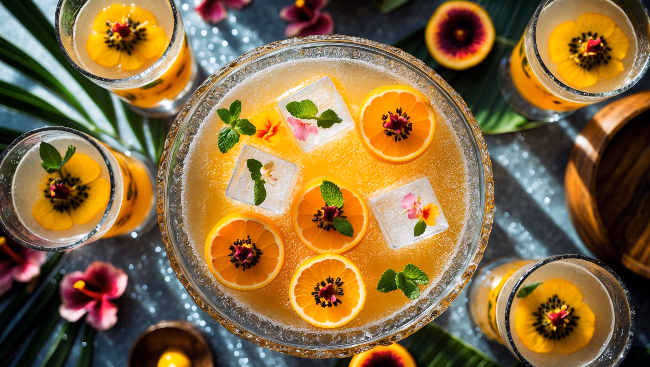 An overhead shot of a crystal punch bowl filled with vivid orange-yellow Passionfruit Punch, surrounded by individual highball glasses. Bright natural daylight streams through, highlighting the suspended passionfruit pulp and tiny bubbles from the sparkling water. Ice cubes embedded with edible flowers float on the surface, while fresh passionfruit halves, orange wheels, and mint sprigs adorn the rim. The table setting features tropical elements—banana leaves as placemats, scattered hibiscus flowers, and wooden serving accessories—creating a vibrant contrast against the punch's golden-orange hue. Condensation beads on the glasses capture the light, emphasizing the drink's refreshing nature.