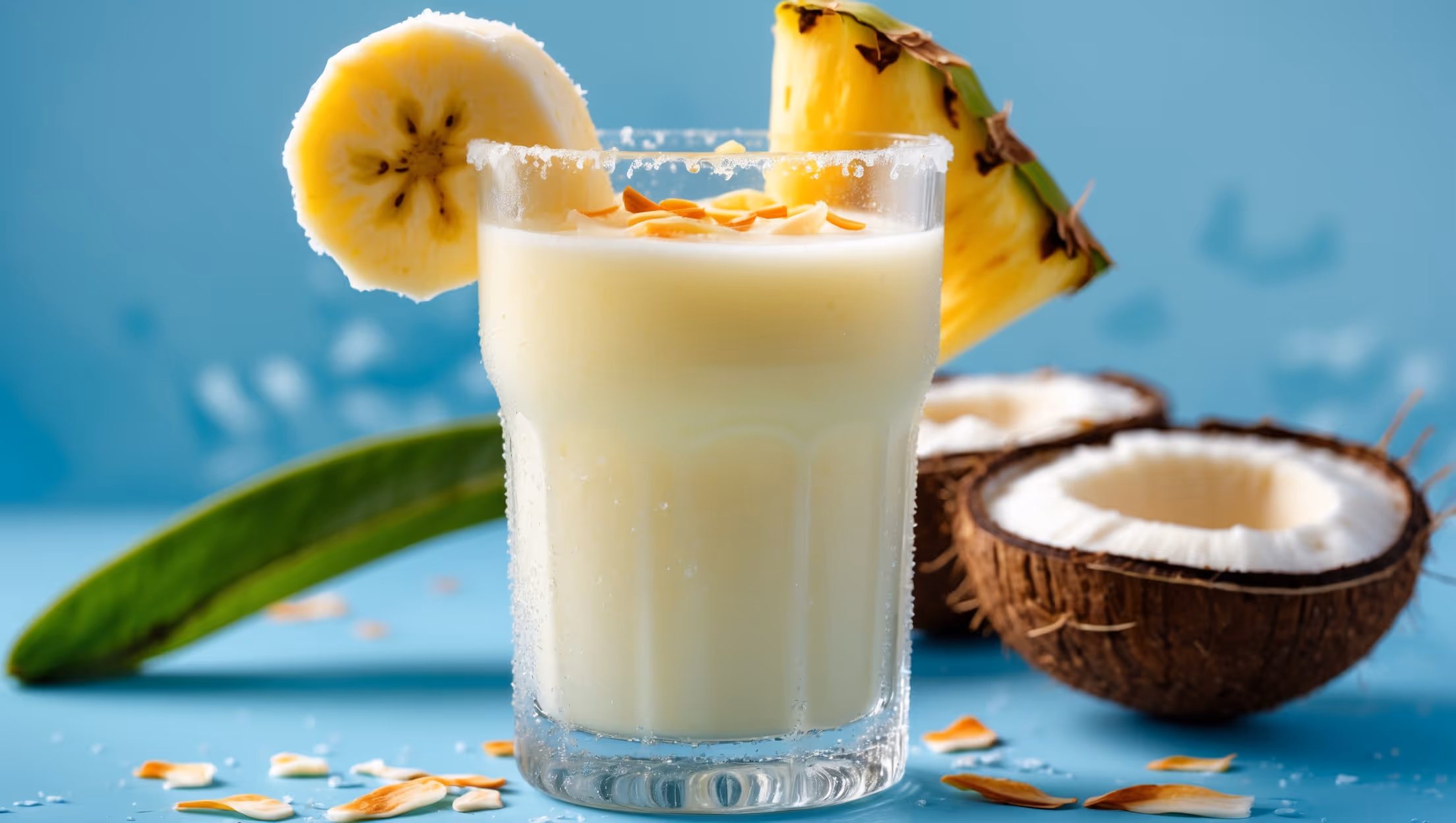 A frosty highball glass filled with a smooth, pale yellow Banana Colada mocktail captured in bright natural daylight. The creamy drink shows delicate layering, with the thicker coconut cream settling slightly beneath the banana puree. A slice of fresh banana and a wedge of pineapple rest playfully on the rim, while a sprinkle of toasted coconut flakes garnishes the top. Condensation beads on the outside of the glass, suggesting refreshing coldness. The mocktail is photographed against a light blue background evoking tropical waters, with a few banana leaves and coconut shells artfully arranged to create a vacation atmosphere that complements this alcohol-free tropical indulgence.