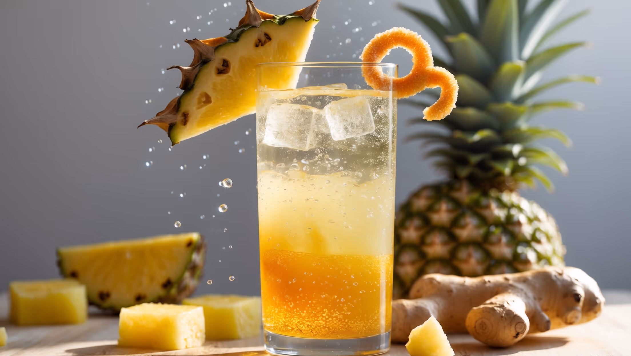 A tall, slender highball glass filled with a golden-hued mocktail illuminated by bright natural daylight. Ice cubes capture the light while bubbles rise through the clear liquid. A perfect wedge of fresh pineapple adorns the rim alongside a twisted candied ginger piece. The drink's two distinct layers show the fresh pineapple juice blending into the ginger-infused sparkling water, creating an ombré effect from golden yellow to pale amber. Tiny specks of freshly grated ginger float throughout, with small droplets of condensation forming on the outside of the glass, suggesting its refreshing chill. The drink sits on a light wooden surface with fresh pineapple chunks and ginger root scattered nearby.