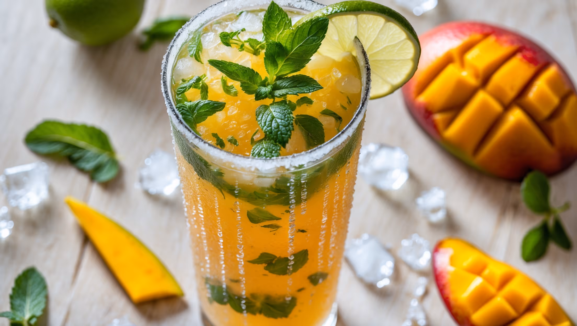 An overhead shot of a Mango Mojito in a tall, frosted highball glass with condensation beading on the sides, bathed in bright natural daylight. The mocktail features vibrant golden-orange layers with flecks of muddled mint suspended throughout. Crushed ice creates a frosty cap near the top, crowned with fresh mint sprigs that reach upward. A thin slice of ripe mango and a lime wheel rest on the glass rim, while droplets of lime juice glisten on the mint leaves. The background showcases scattered mango pieces and fresh mint sprigs on a light wooden surface, suggesting tropical freshness and handcrafted care.