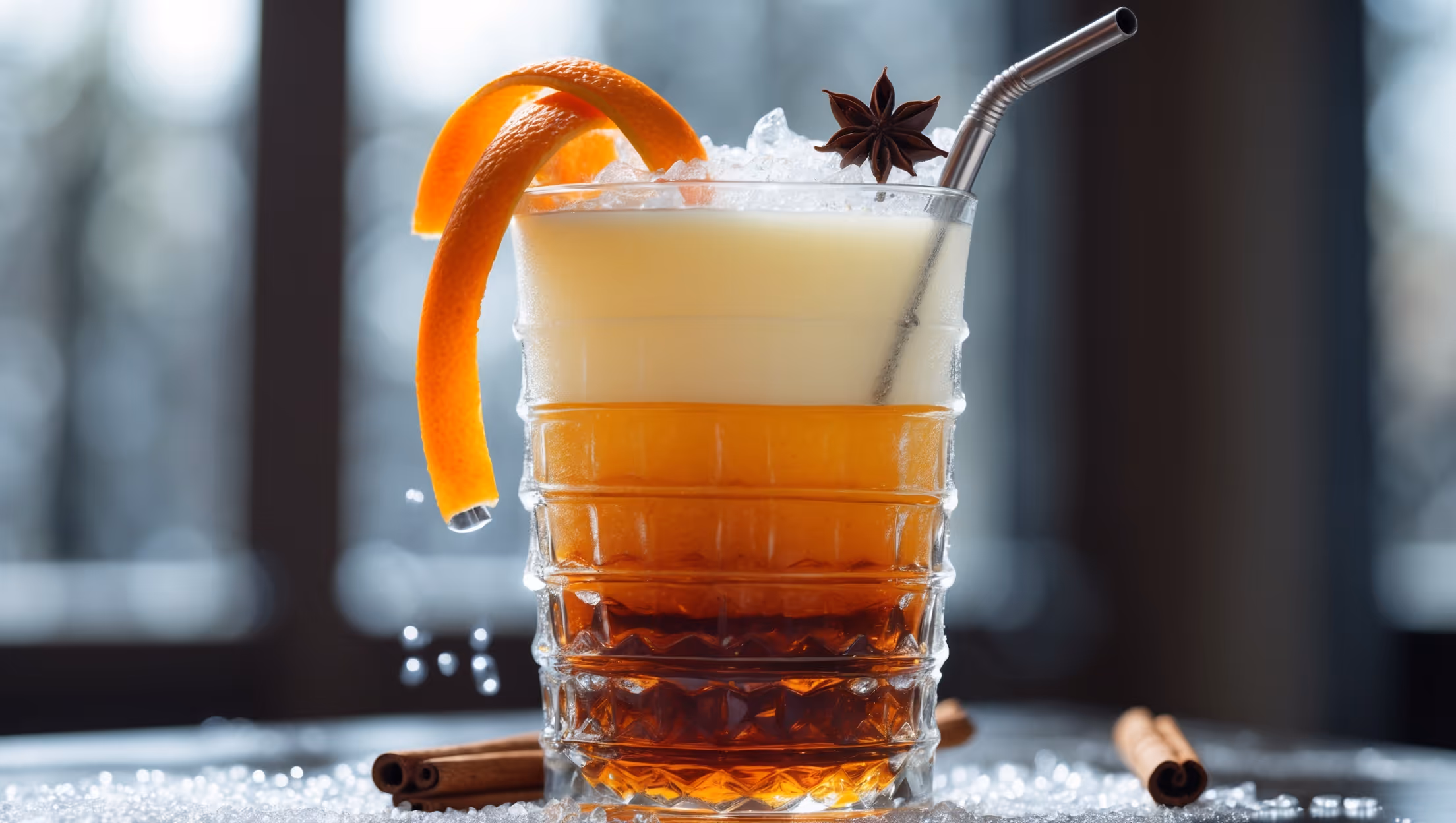 A tall, crystal-clear glass showcases the stunning gradient of deep amber-orange tea at the bottom transitioning to a creamy ivory layer on top. Fresh daylight streams through the glass, highlighting the distinct boundary between layers. Crushed ice creates a frosty effect on the exterior while a metal straw stands tall, surrounded by a striking garnish of fresh orange peel twisted alongside a single star anise floating on top. Condensation beads on the glass surface catch the light while cinnamon sticks lean against the rim, complementing the warm spice notes of the Thai tea blend beneath.