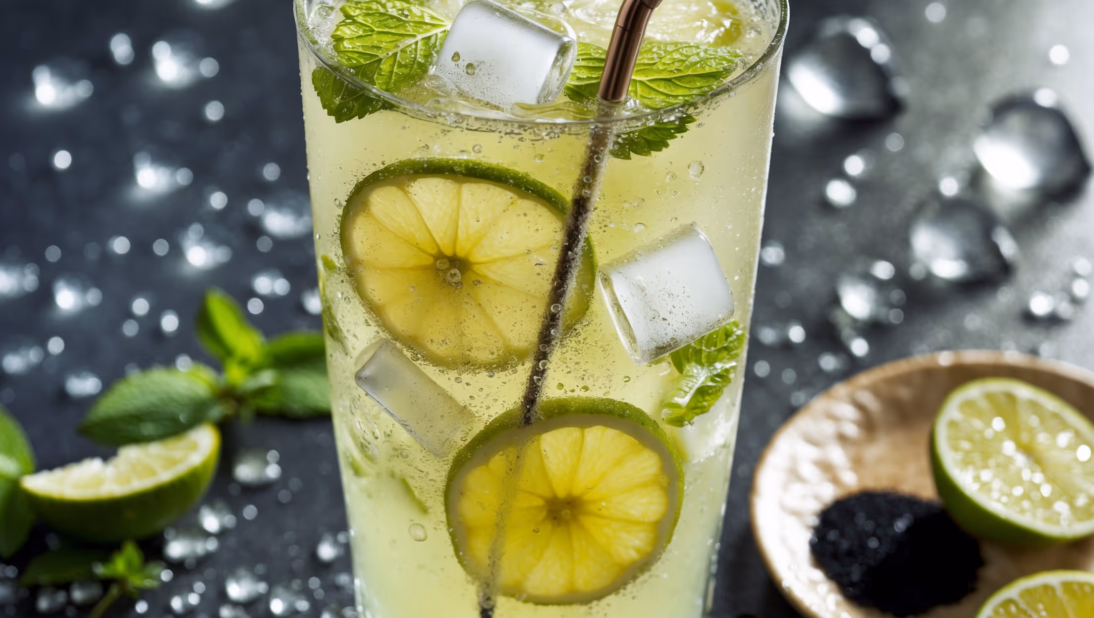 A tall, slender glass filled with pale yellow lemonade, ice cubes glistening under bright natural daylight. Tiny bubbles travel upward through the clear liquid, with slices of fresh lime floating throughout. A sprinkling of cumin powder is visible on the surface, alongside a few vibrant green mint leaves tucked into the side. A decorative metal straw stands in the glass, and a small plate of black salt and lime wedges sits beside it. Droplets of condensation form on the outside of the glass, emphasizing the refreshing coolness of this classic Indian summer drink.