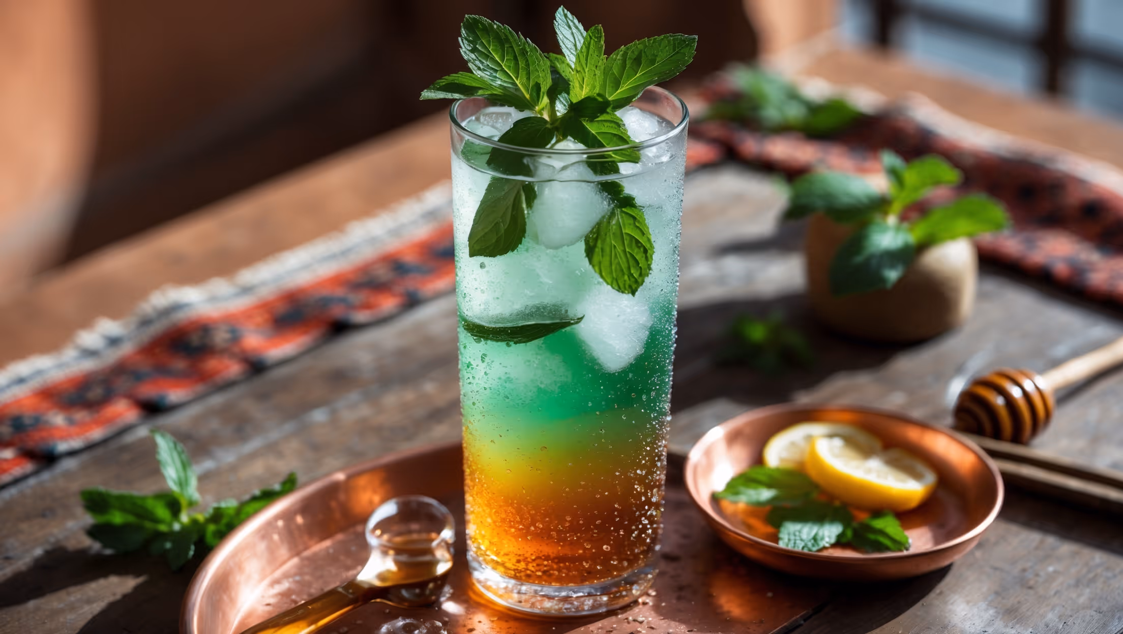 A tall, slim glass capturing the gradient amber-to-green of the Moroccan mint tea mocktail, photographed in bright natural daylight that highlights the condensation beading on the glass. The ice cubes are visible through the clear sides, while fresh mint sprigs burst from the top, their leaves slightly frosted. A wooden table with Moroccan-inspired textiles provides a warm backdrop, and a small copper tray holds additional mint leaves, honey drizzler, and lemon slices nearby. The styling emphasizes the North African inspiration with small decorative elements while keeping the refreshing, cooling nature of the drink as the focal point.